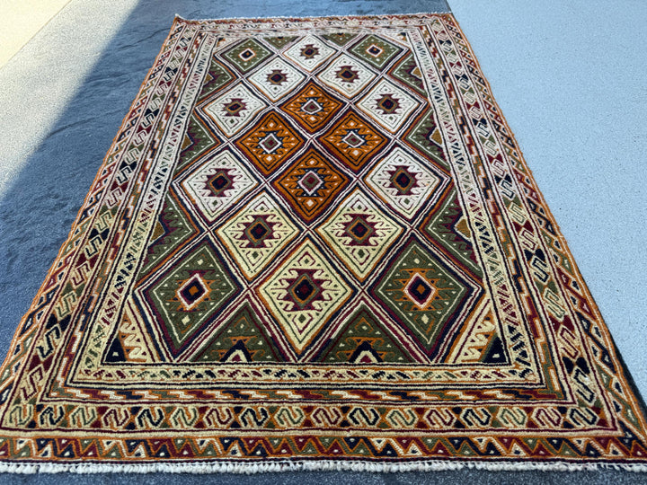 3x4 Handmade Afghan Kilim Rug | Forest Pine Green Black Cream Beige Burnt Orange Black Rust Red Coffee Brown | Wool Flatwoven