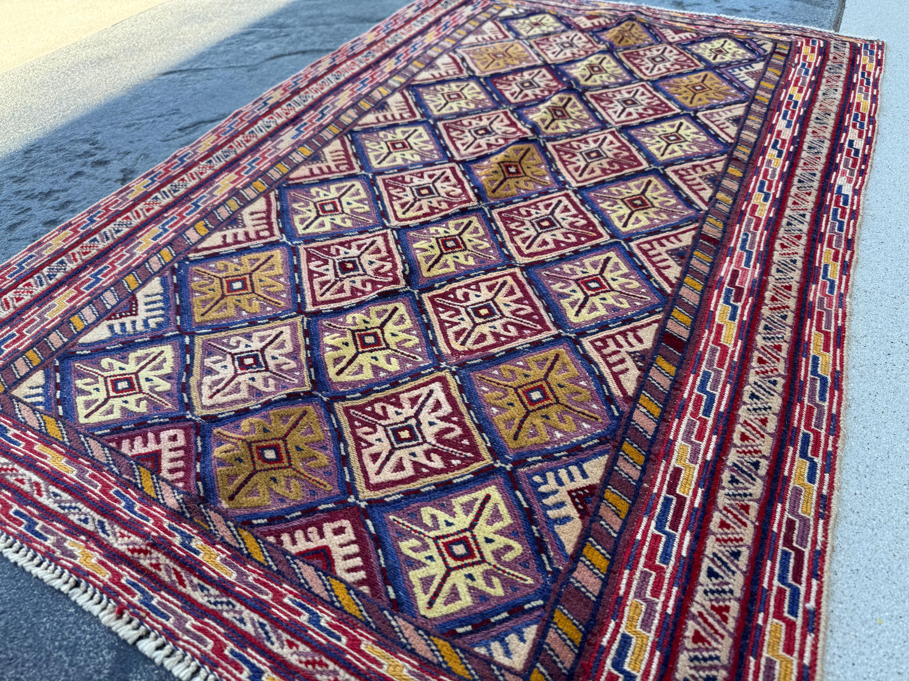 3x4 Handmade Afghan Kilim Rug | Blood Red Royal Blue Black Purple Cream Beige Tan Mustard Lilac Mustard Gold Grey Maroon | Wool Flatwoven
