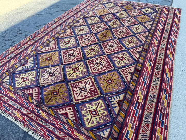 3x4 Handmade Afghan Kilim Rug | Blood Red Royal Blue Black Purple Cream Beige Tan Mustard Lilac Mustard Gold Grey Maroon | Wool Flatwoven