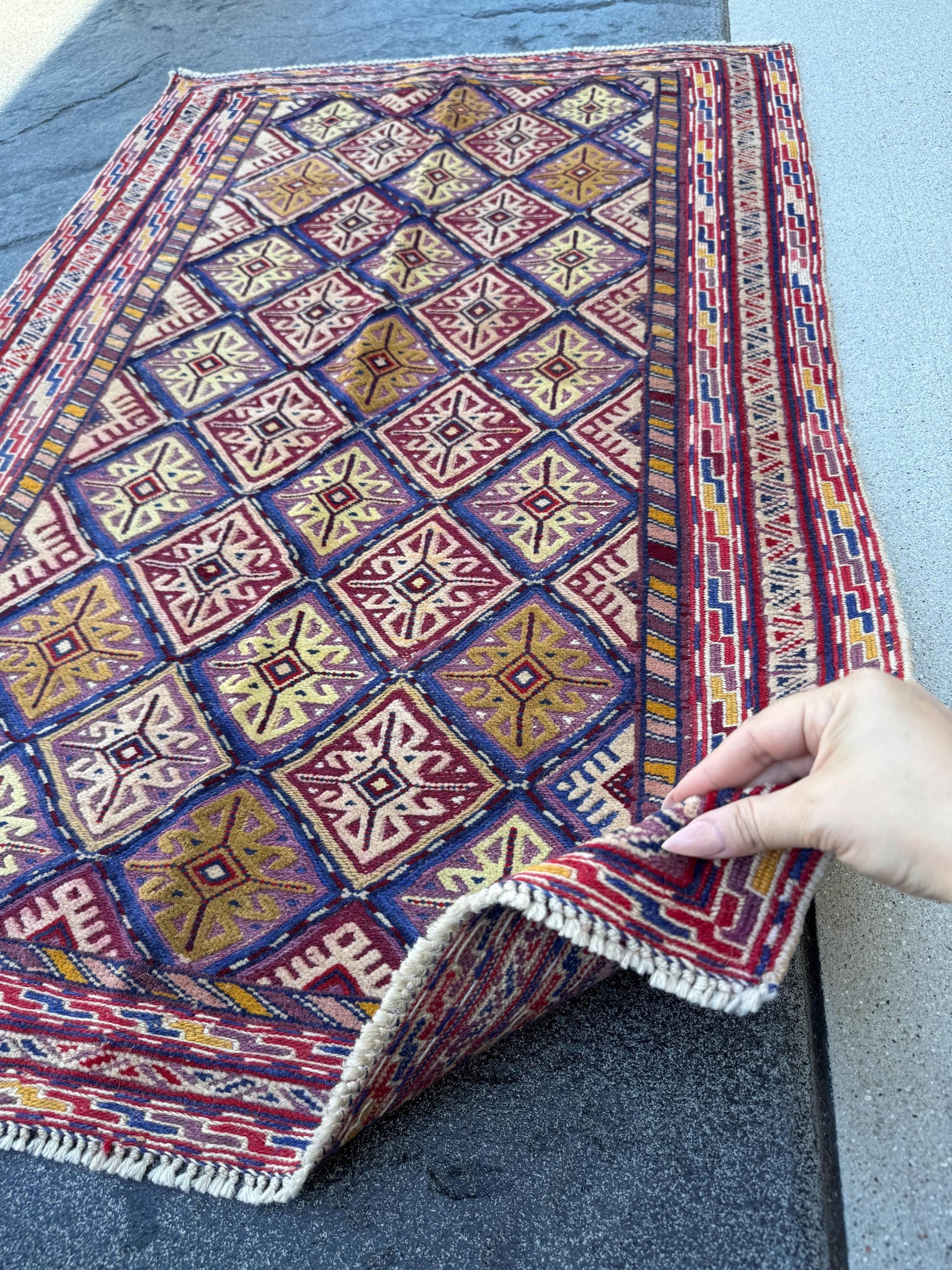 3x4 Handmade Afghan Kilim Rug | Blood Red Royal Blue Black Purple Cream Beige Tan Mustard Lilac Mustard Gold Grey Maroon | Wool Flatwoven