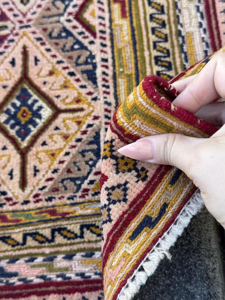 3x4 (91x121) Handmade Afghan Vintage Barjasta Rug | Ivory Cream Burgundy Wine Blush Rose Mustard Yellow Olive Green Navy Blue Midnight Black
