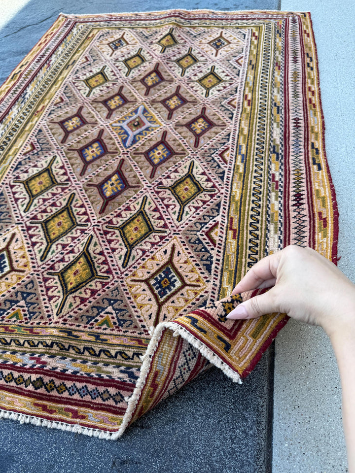 3x4 (91x121) Handmade Afghan Vintage Barjasta Rug | Ivory Cream Burgundy Wine Blush Rose Mustard Yellow Olive Green Navy Blue Midnight Black