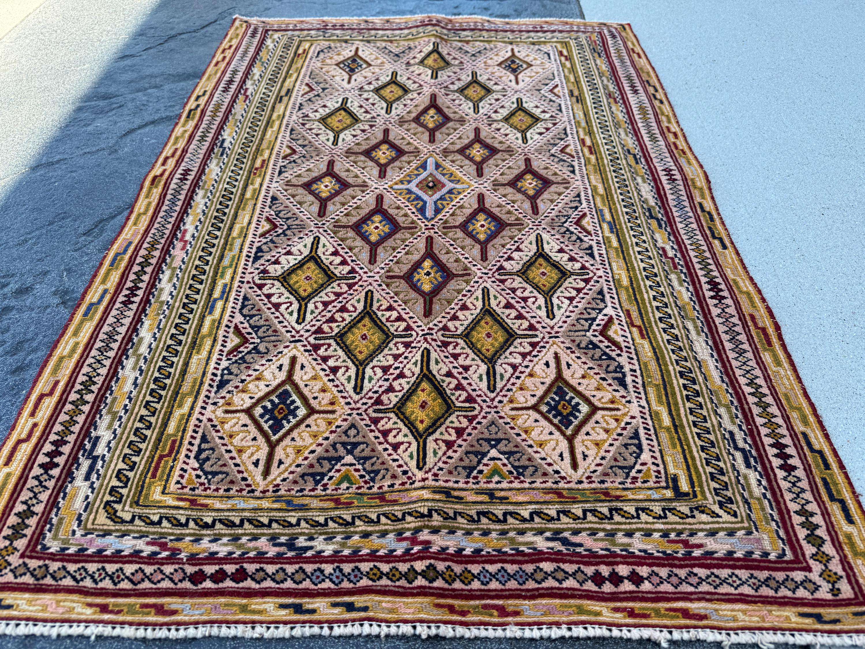 3x4 (91x121) Handmade Afghan Vintage Barjasta Rug | Ivory Cream Burgundy Wine Blush Rose Mustard Yellow Olive Green Navy Blue Midnight Black