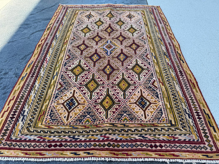 3x4 (91x121) Handmade Afghan Vintage Barjasta Rug | Ivory Cream Burgundy Wine Blush Rose Mustard Yellow Olive Green Navy Blue Midnight Black
