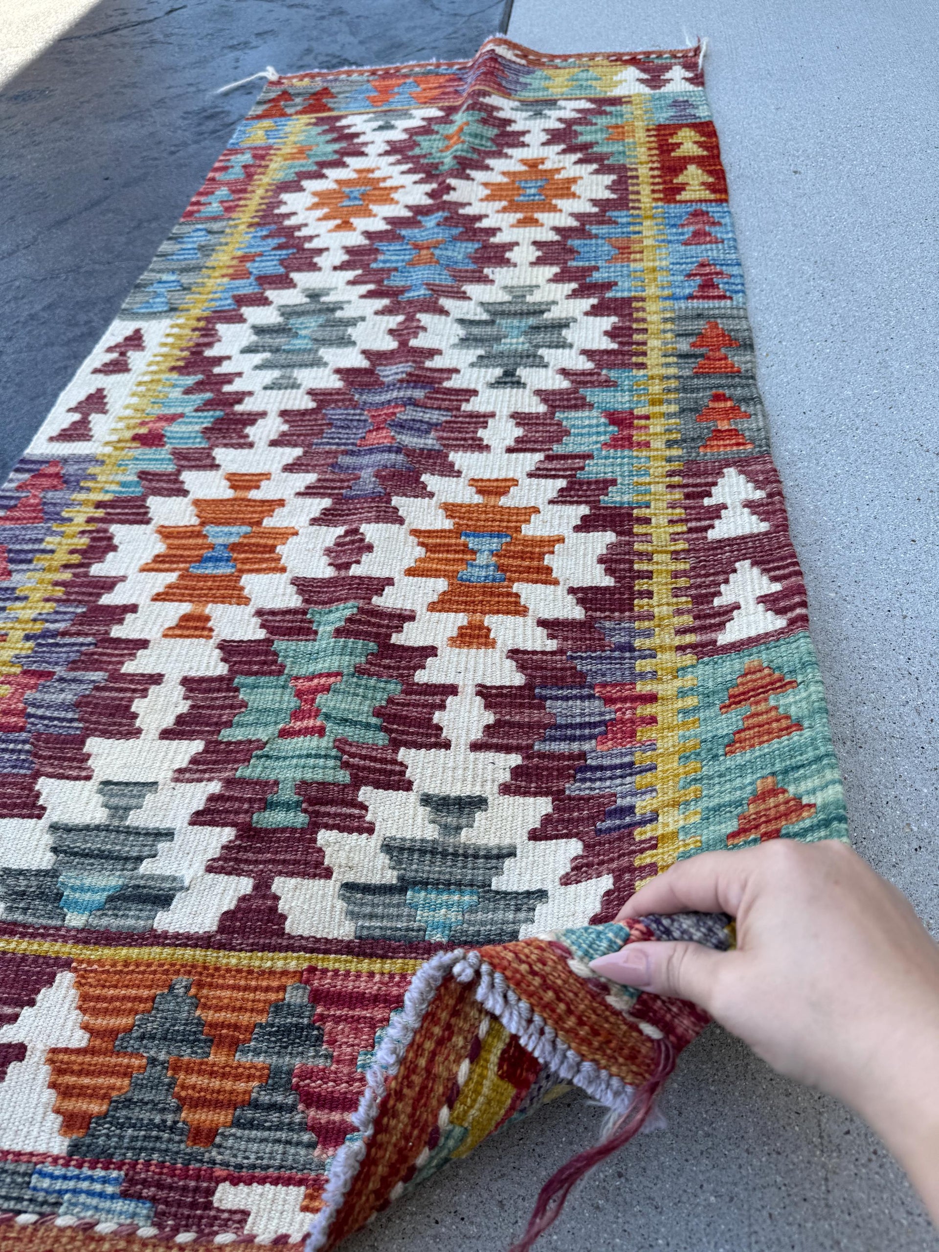 2x5 Handmade Afghan Kilim Runner Rug | Maroon Cream White Aqua Teal Charcoal Grey Mustard Yellow Burnt Orange | Wool Flatwoven