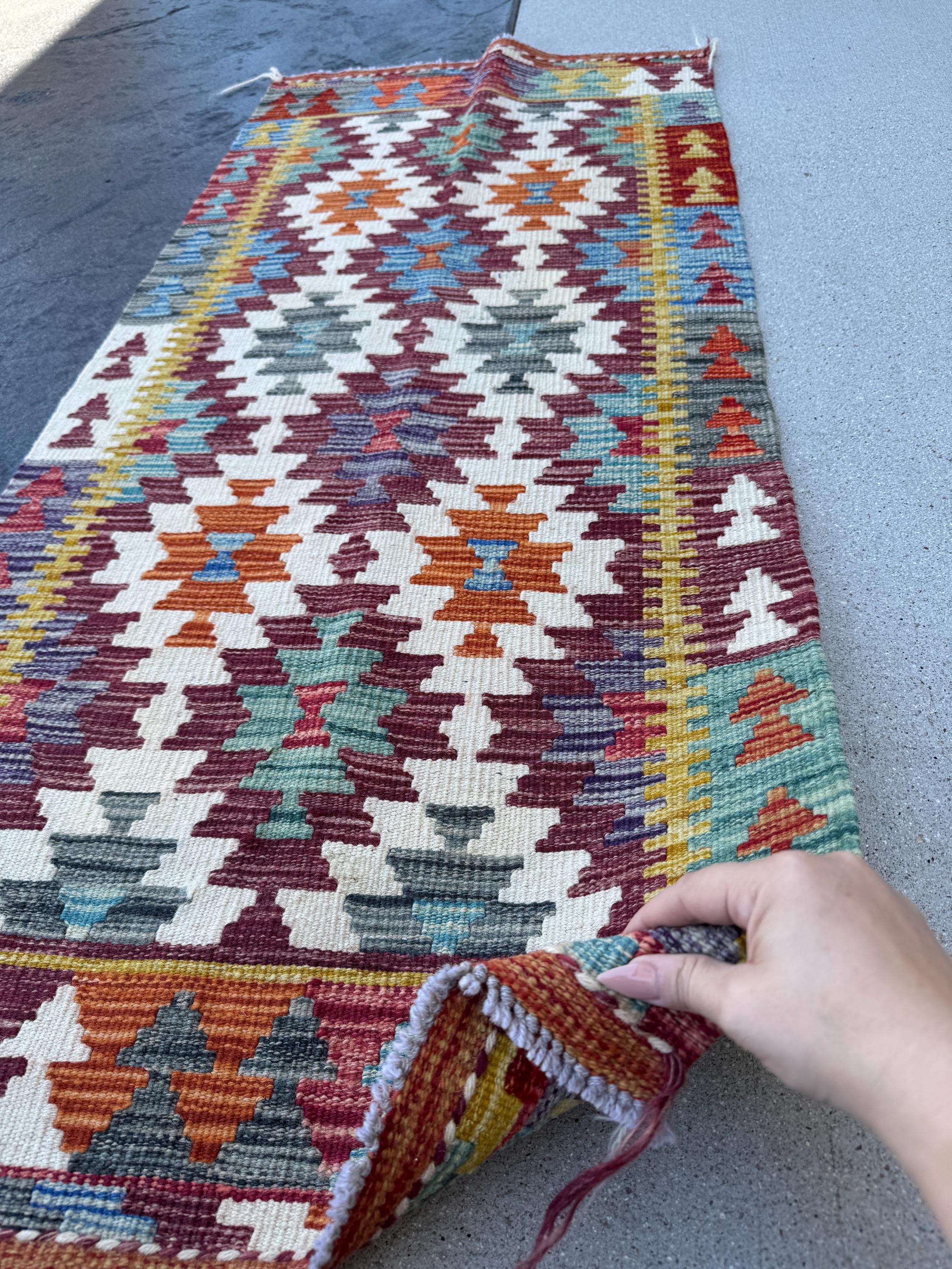 2x5 Handmade Afghan Kilim Runner Rug | Maroon Cream White Aqua Teal Charcoal Grey Mustard Yellow Burnt Orange | Wool Flatwoven