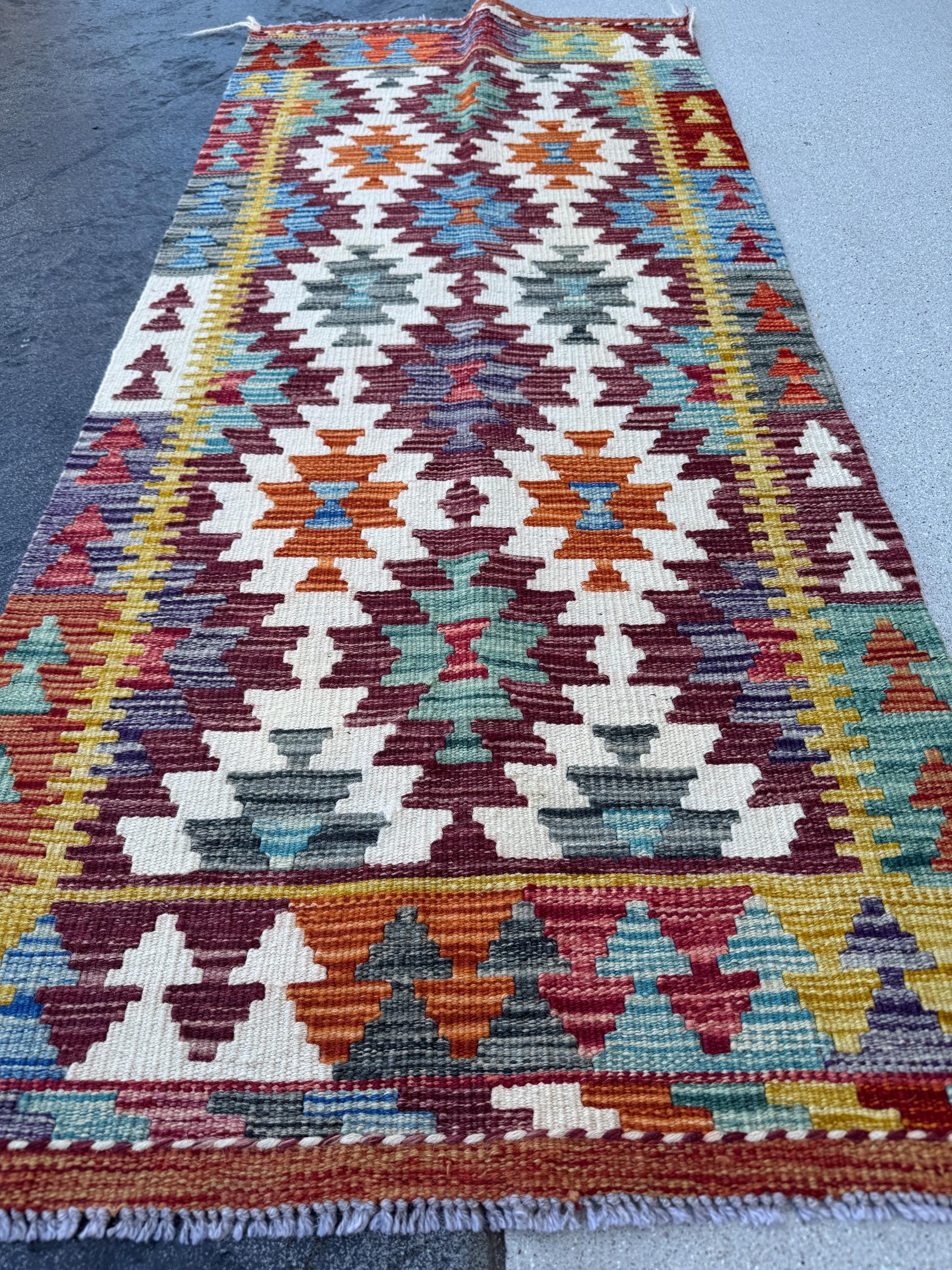 2x5 Handmade Afghan Kilim Runner Rug | Maroon Cream White Aqua Teal Charcoal Grey Mustard Yellow Burnt Orange | Wool Flatwoven