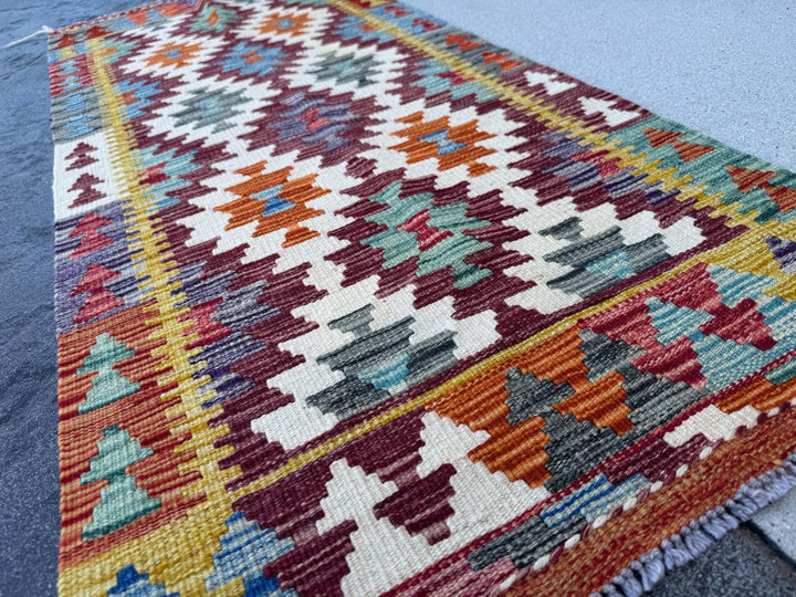 2x5 Handmade Afghan Kilim Runner Rug | Maroon Cream White Aqua Teal Charcoal Grey Mustard Yellow Burnt Orange | Wool Flatwoven