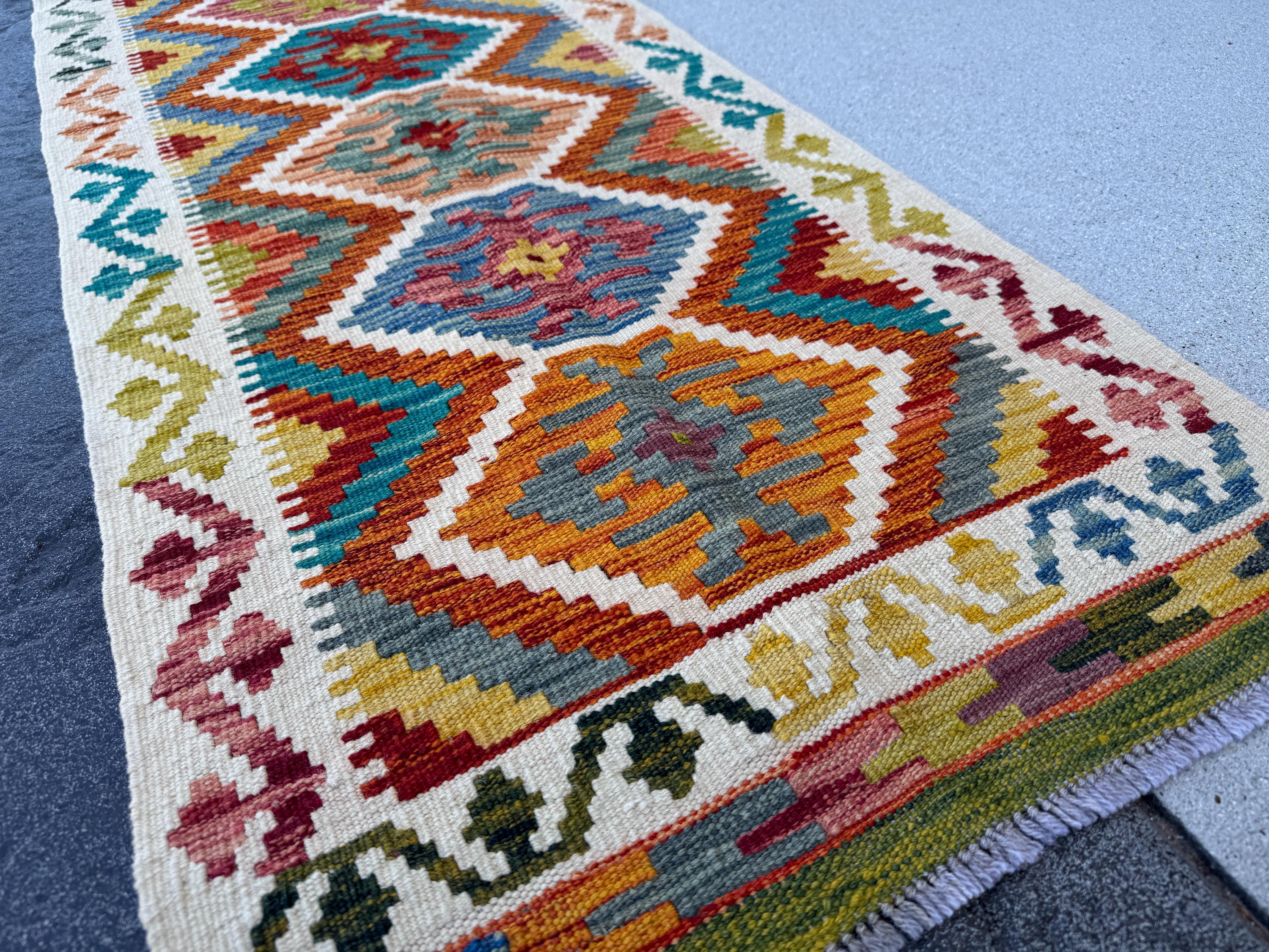 2x5 Handmade Afghan Kilim Runner Rug | Cream White Burnt Rust Orange Brick Blood Red Mustard Yellow Charcoal Grey Olive Moss Green Teal