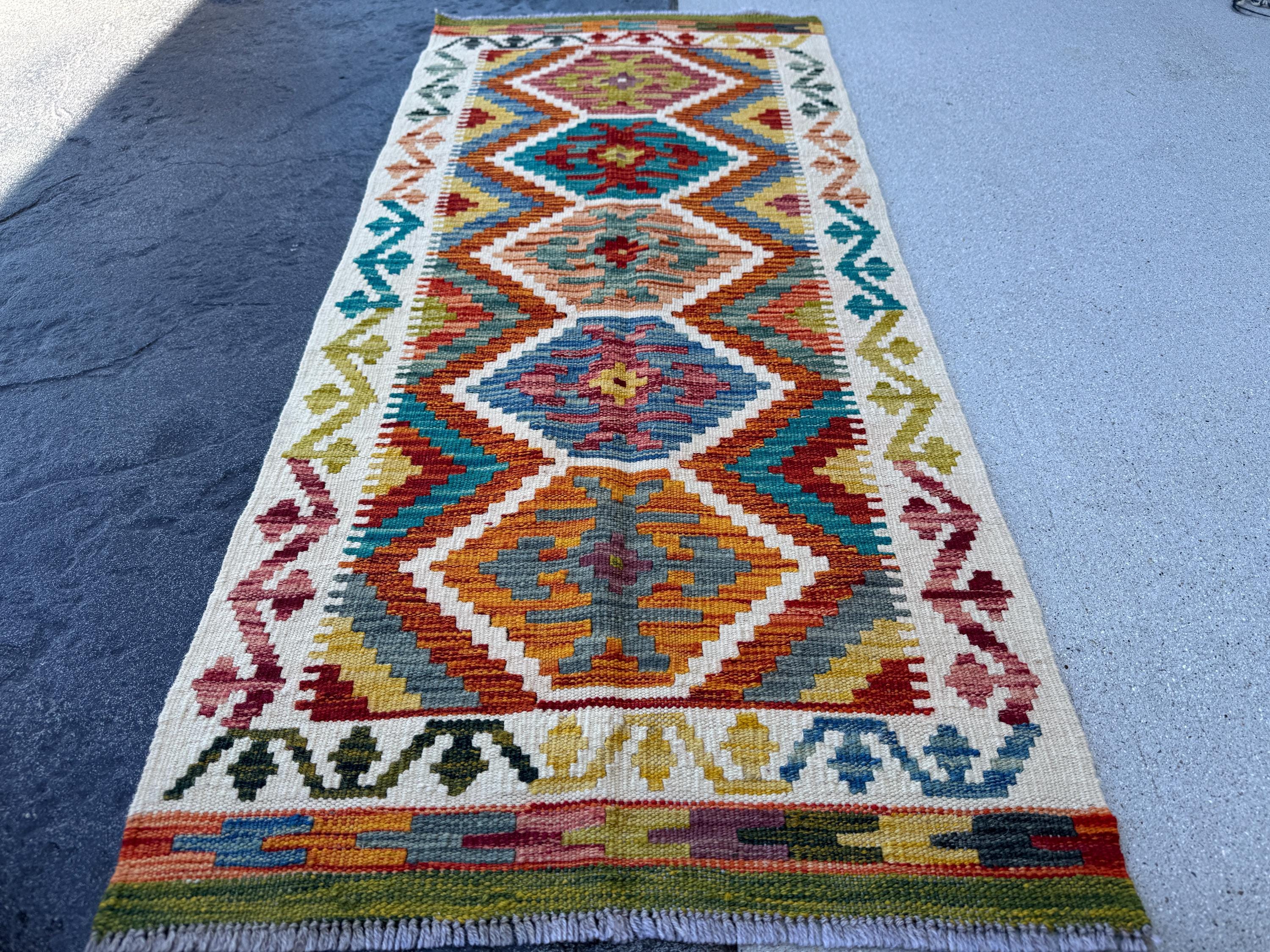 2x5 Handmade Afghan Kilim Runner Rug | Cream White Burnt Rust Orange Brick Blood Red Mustard Yellow Charcoal Grey Olive Moss Green Teal
