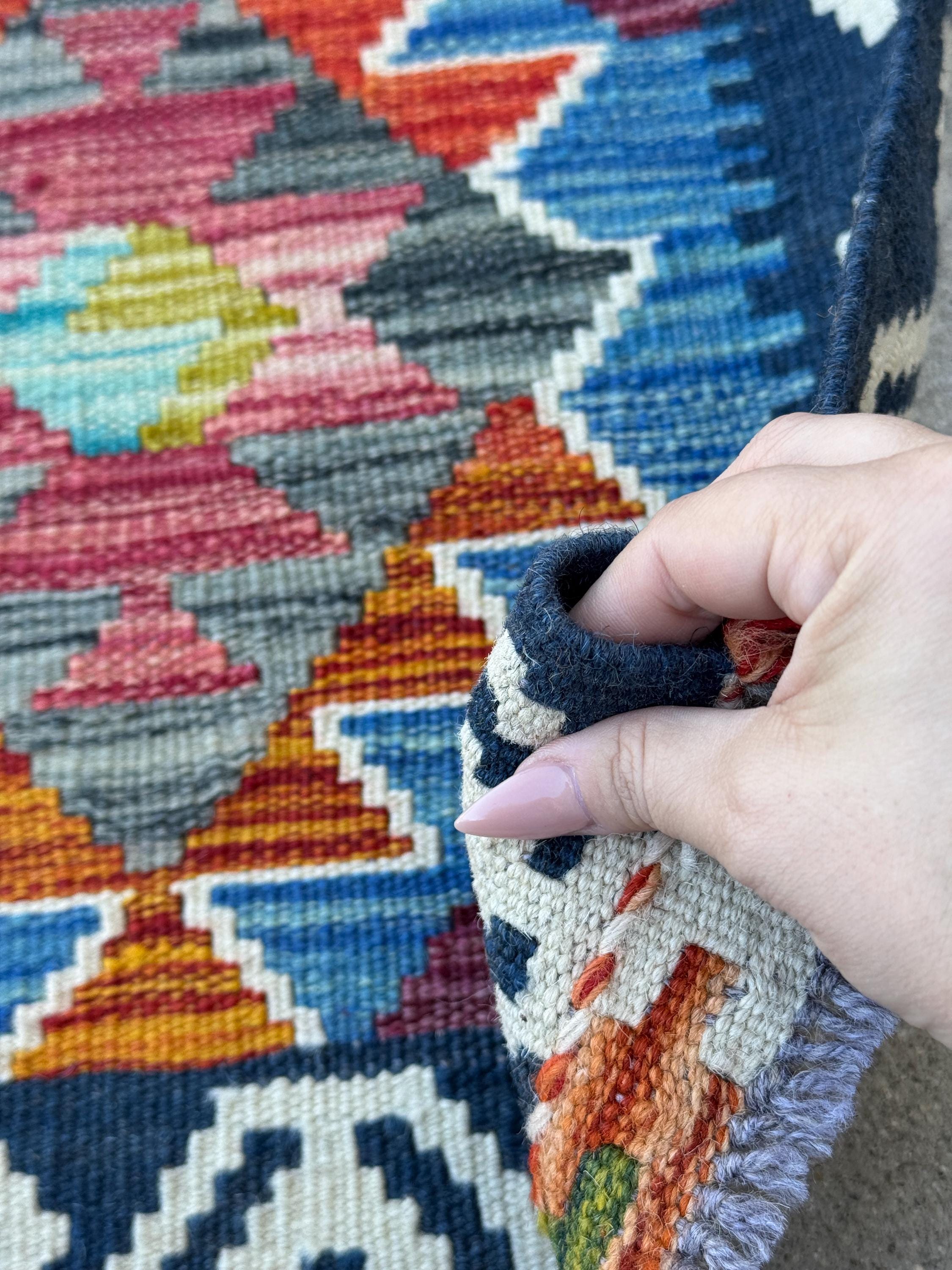 3x5 (91x152) Handmade Afghan Kilim Rug | Denim Blue Burnt Orange Maroon Charcoal Grey Olive Green Aqua Teal Red Cream White Midnight Blue