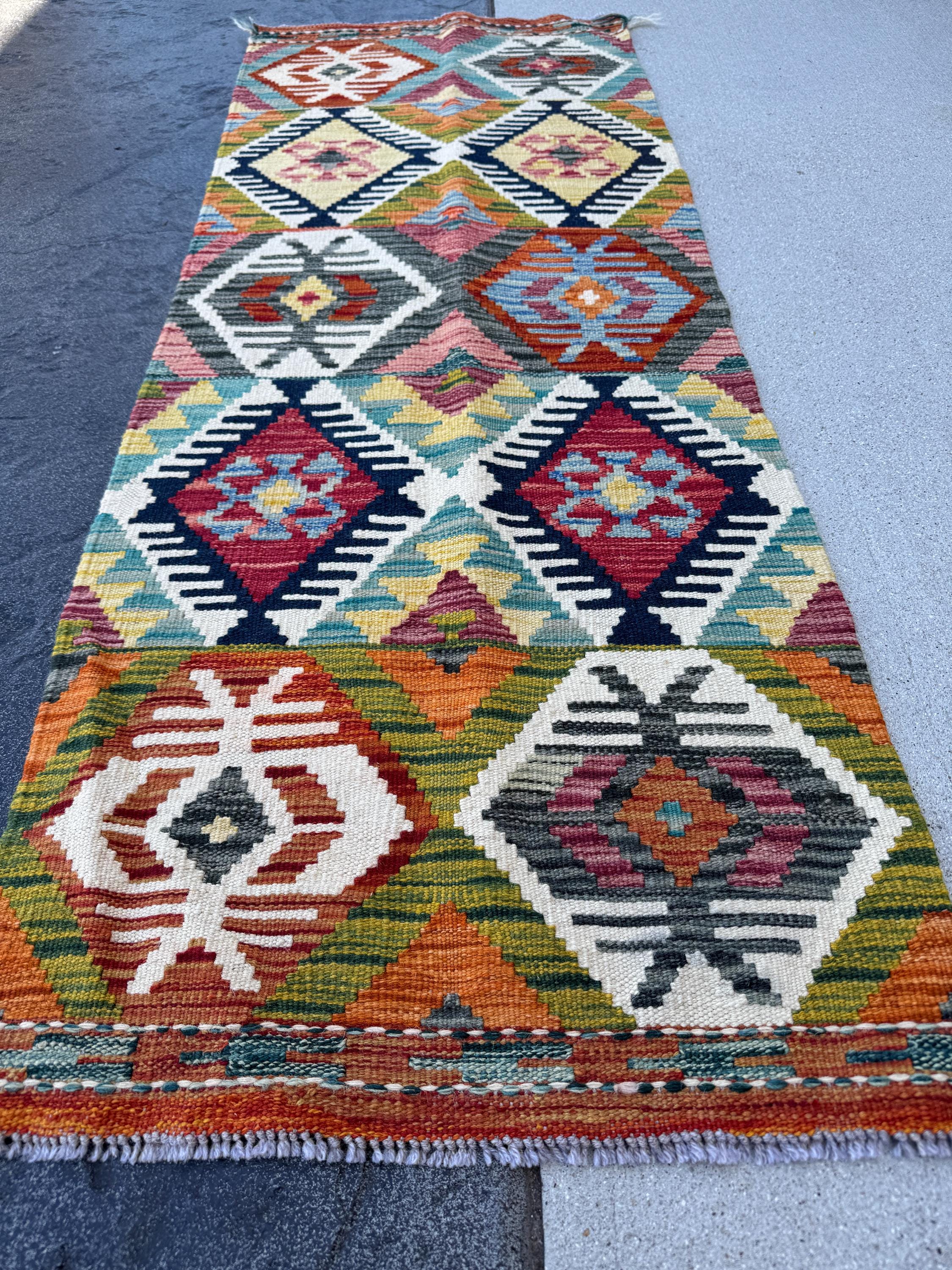 2x5 Handmade Afghan Kilim Runner Rug | Cream White Burnt Orange Blood Red Mustard Yellow Charcoal Grey Olive Moss Green Teal Aqua Beige