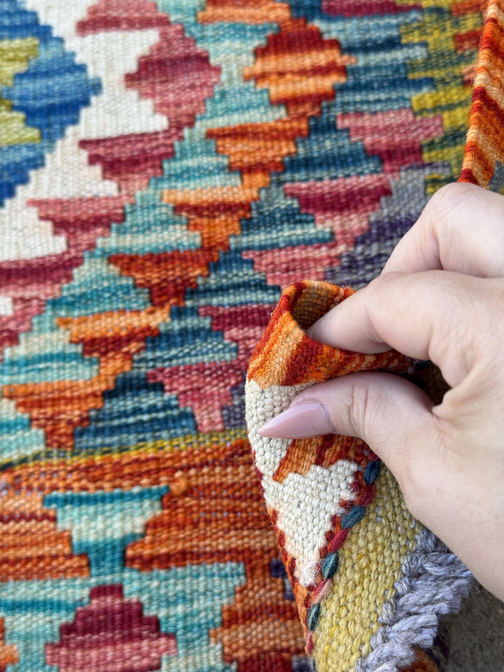 3x4 Handmade Afghan Kilim Rug | Burnt Orange Rust Red Cream White Aqua Teal Charcoal Grey Olive Green Mustard Yellow Denim Blue | Flatwoven