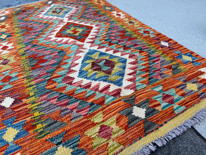 3x4 Handmade Afghan Kilim Rug | Burnt Orange Rust Red Cream White Aqua Teal Charcoal Grey Olive Green Mustard Yellow Denim Blue | Flatwoven