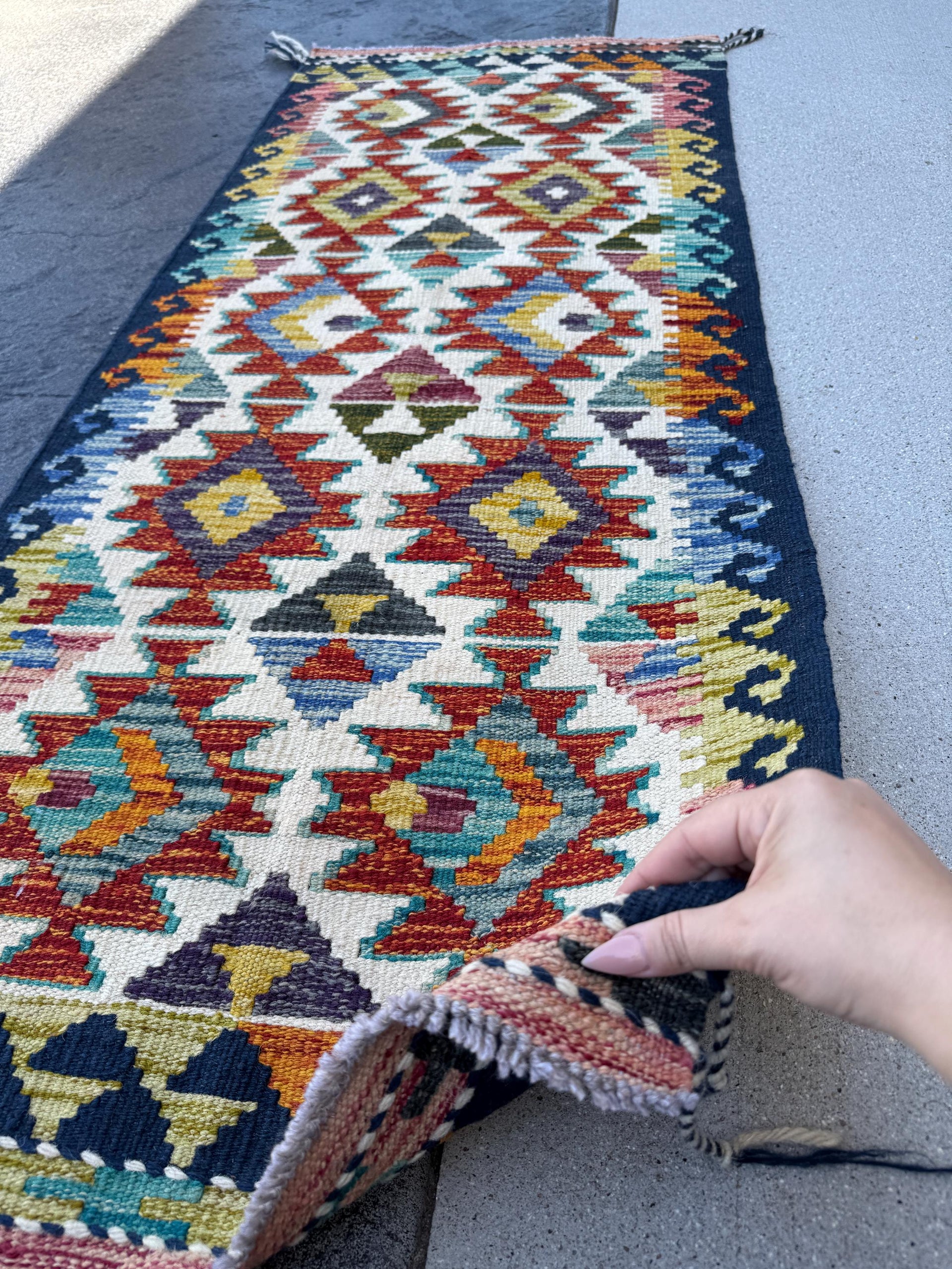 2x5 Handmade Afghan Kilim Runner Rug | Cream White Burnt Orange Midnight Denim Blue Charcoal Grey Aqua Teal Mustard Yellow Red | Flatwoven