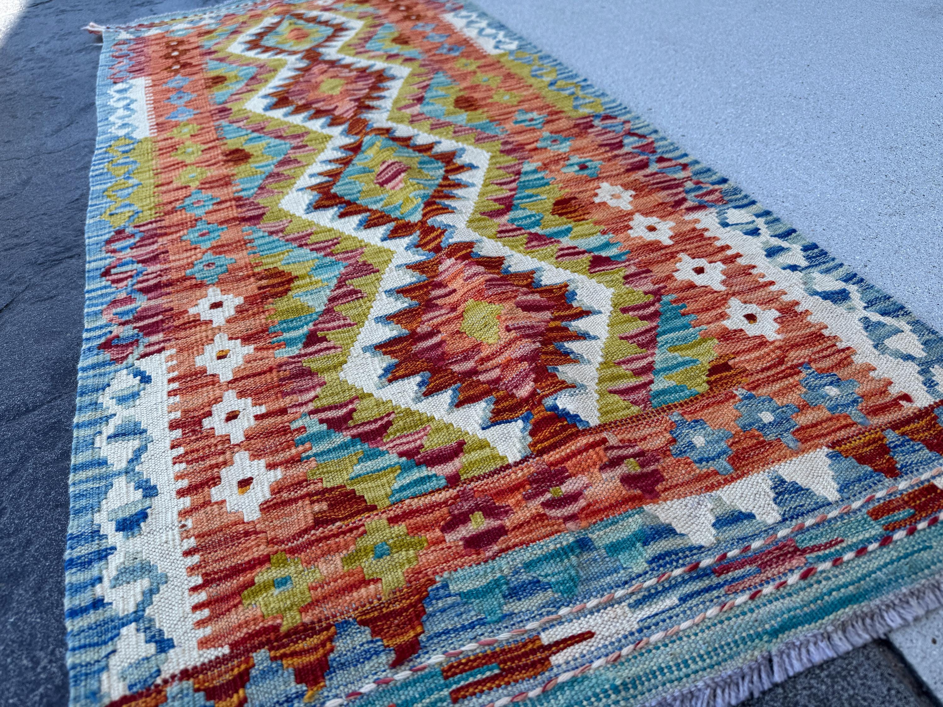 2x5 Handmade Afghan Kilim Runner Rug | Aqua Teal Cream White Burnt Orange Rust Red Denim Blue Olive Green | Wool Flatwoven