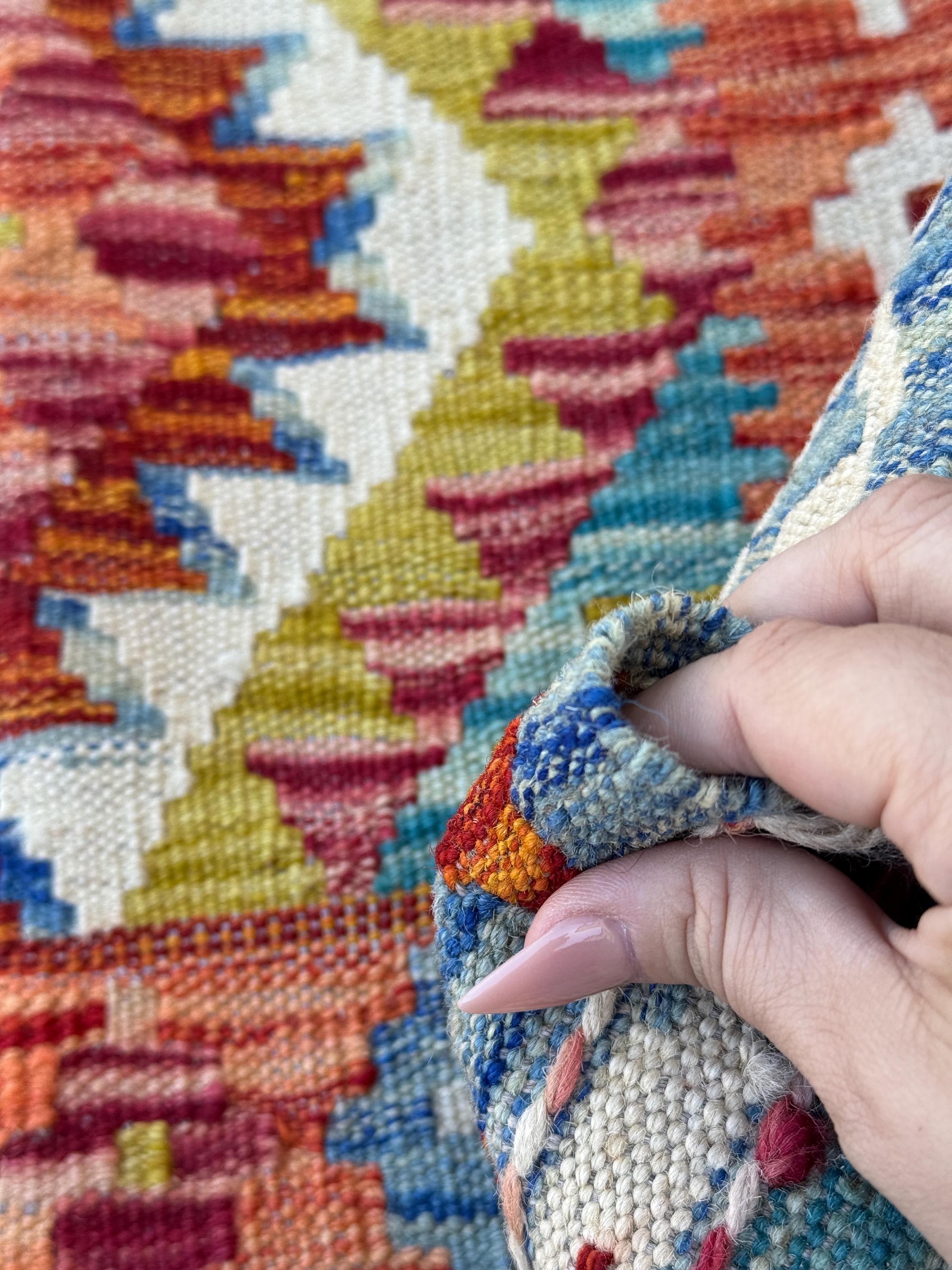 2x5 Handmade Afghan Kilim Runner Rug | Aqua Teal Cream White Burnt Orange Rust Red Denim Blue Olive Green | Wool Flatwoven