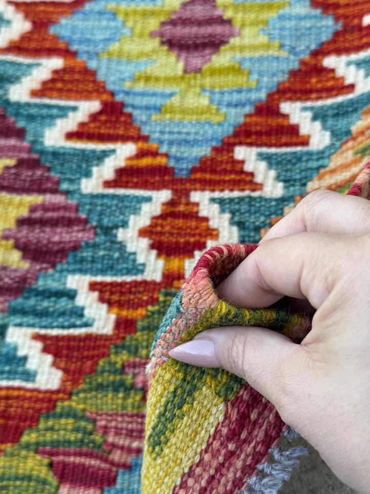 2x5 Handmade Afghan Kilim Runner Rug | Burnt Orange Rust Red Cream White Aqua Teal Olive Moss Green Maroon Turquoise Charcoal Grey | Wool