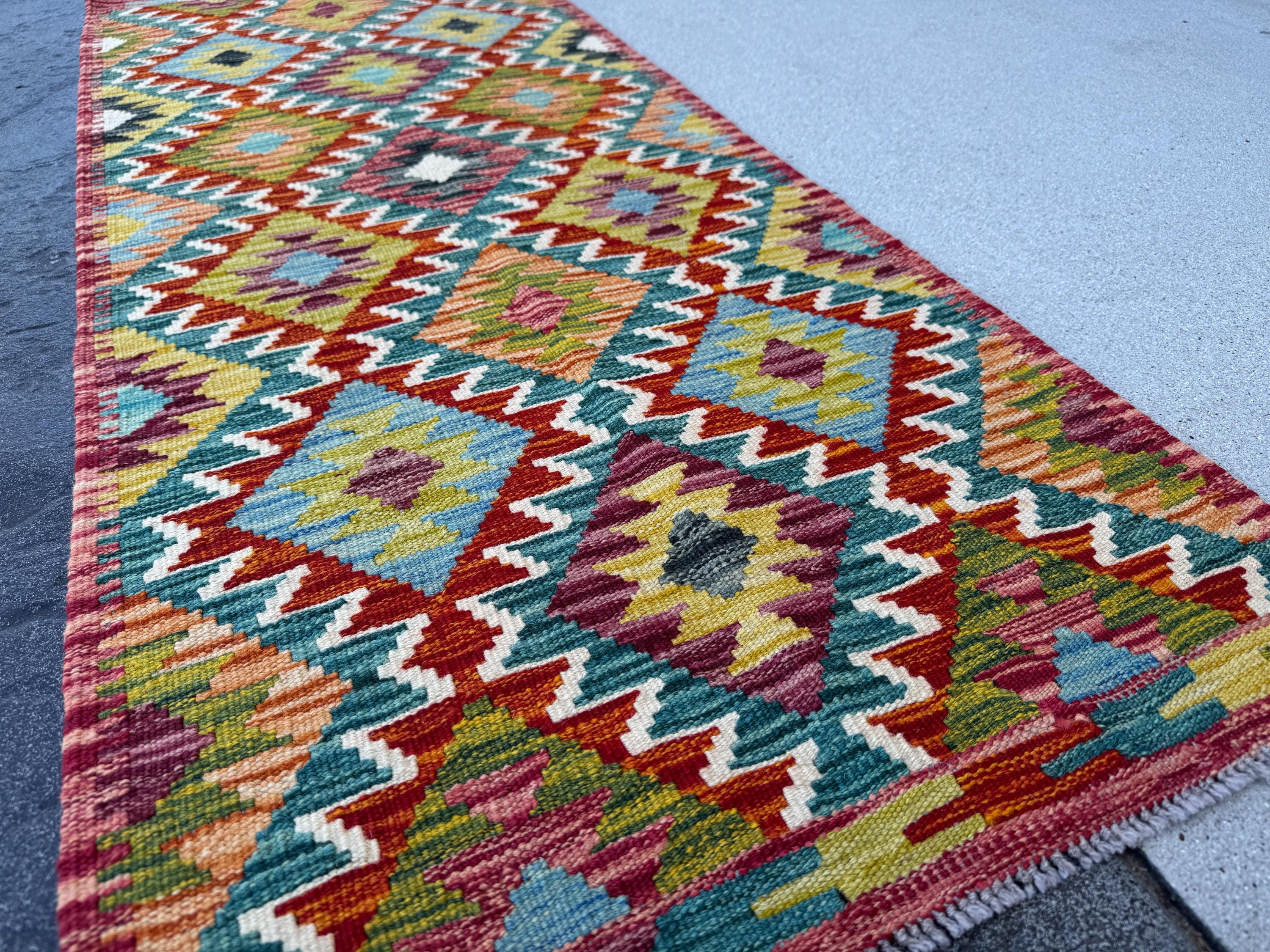 2x5 Handmade Afghan Kilim Runner Rug | Burnt Orange Rust Red Cream White Aqua Teal Olive Moss Green Maroon Turquoise Charcoal Grey | Wool