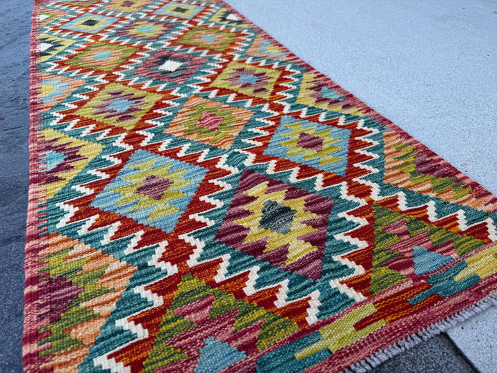 2x5 Handmade Afghan Kilim Runner Rug | Burnt Orange Rust Red Cream White Aqua Teal Olive Moss Green Maroon Turquoise Charcoal Grey | Wool