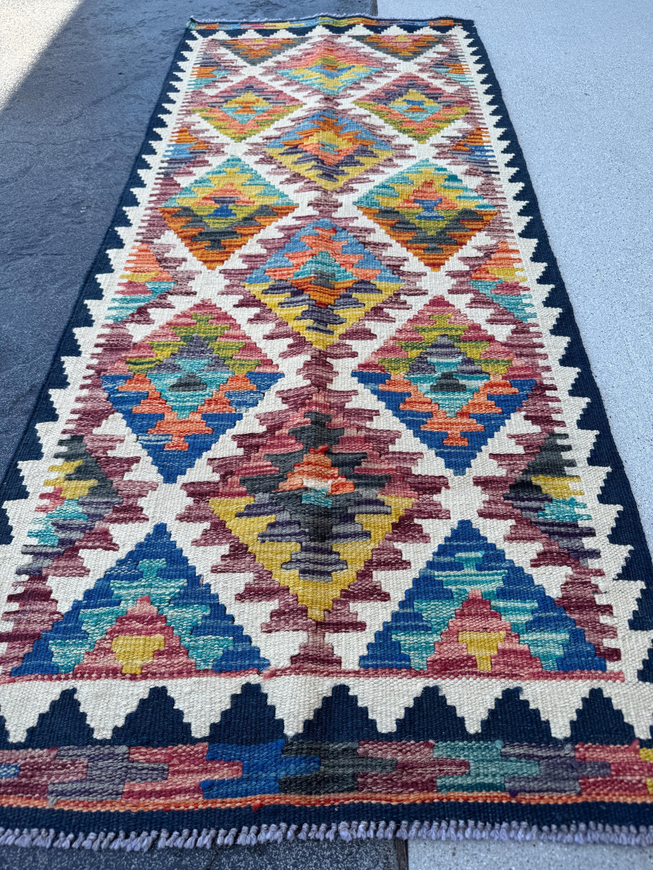 2x5 Handmade Afghan Kilim Runner Rug | Cream White Blood Red Charcoal Grey Black Burnt Orange Aqua Teal Mustard Yellow Indigo Denim Blue