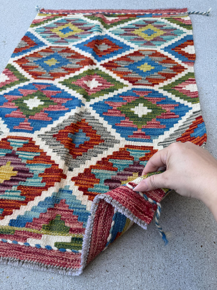 2x3 Handmade Afghan Kilim Rug | Cream White Forest Pine Olive Green Charcoal Grey Rust Red Burnt Orange Maroon Purple Teal Aqua Denim Blue