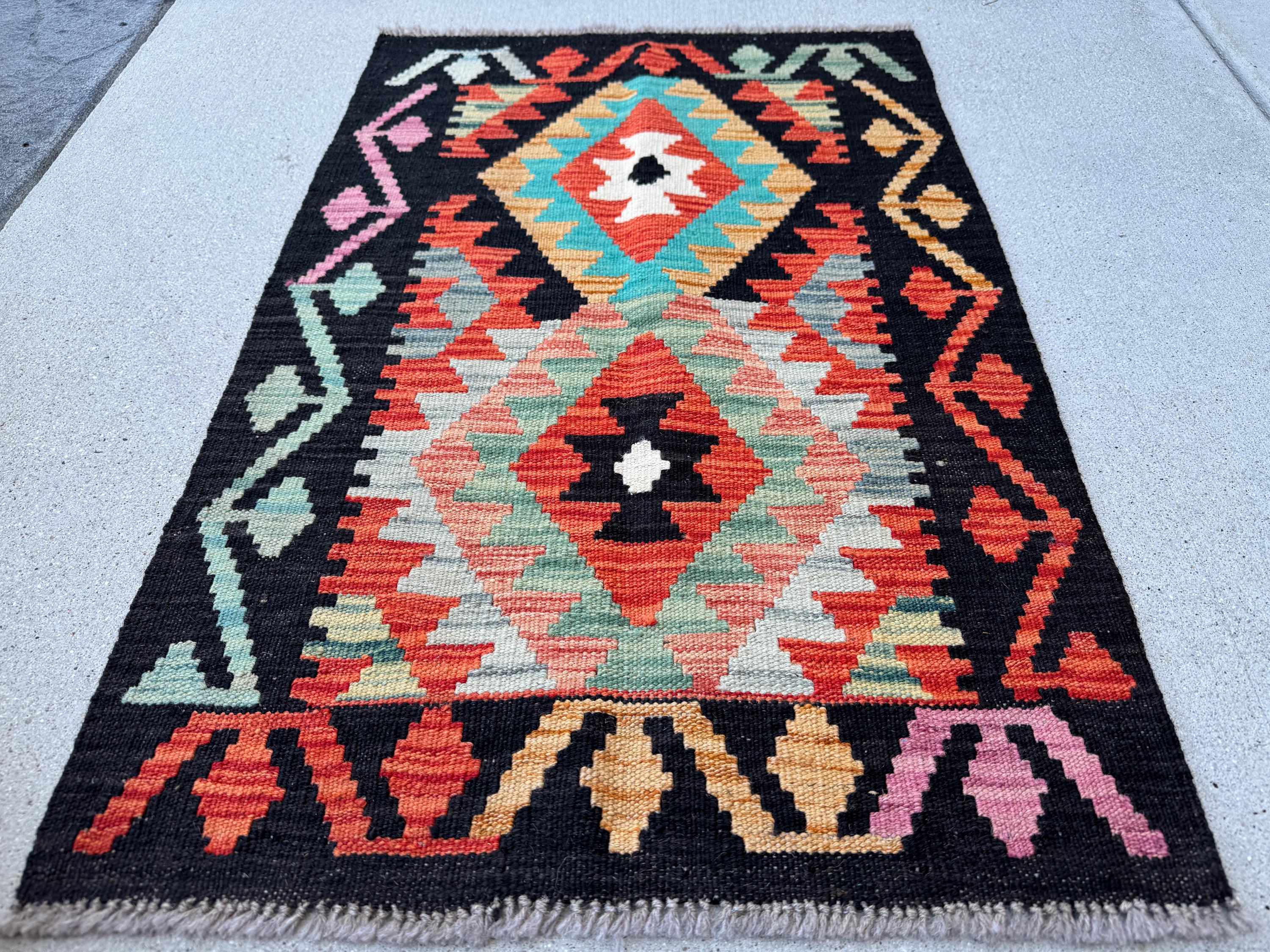 2x3 Handmade Afghan Kilim Rug | Black Burnt Orange Peach Cream White Aqua Mustard Gold Teal Light Grey Purple Tan | Wool Flatwoven