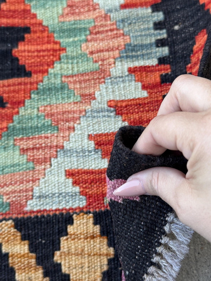 2x3 Handmade Afghan Kilim Rug | Black Burnt Orange Peach Cream White Aqua Mustard Gold Teal Light Grey Purple Tan | Wool Flatwoven