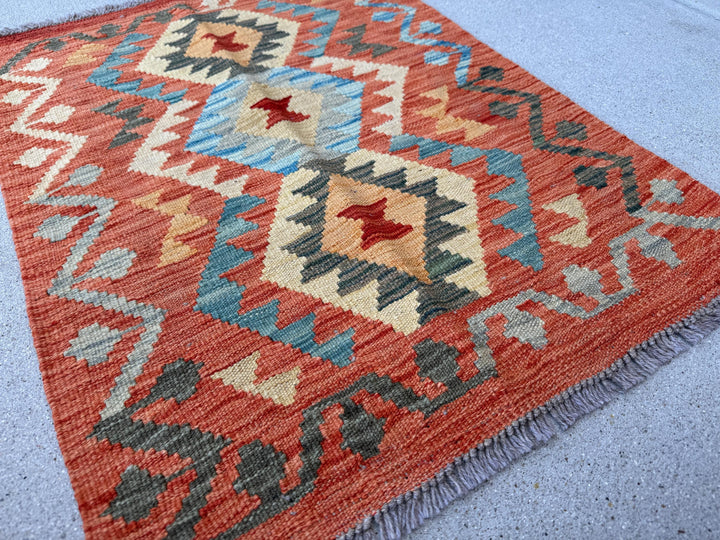 2x3 Handmade Afghan Kilim Rug | Burnt Orange Peach Cream Beige Mustard Teal Charcoal Light Grey Tan | Wool Flatwoven