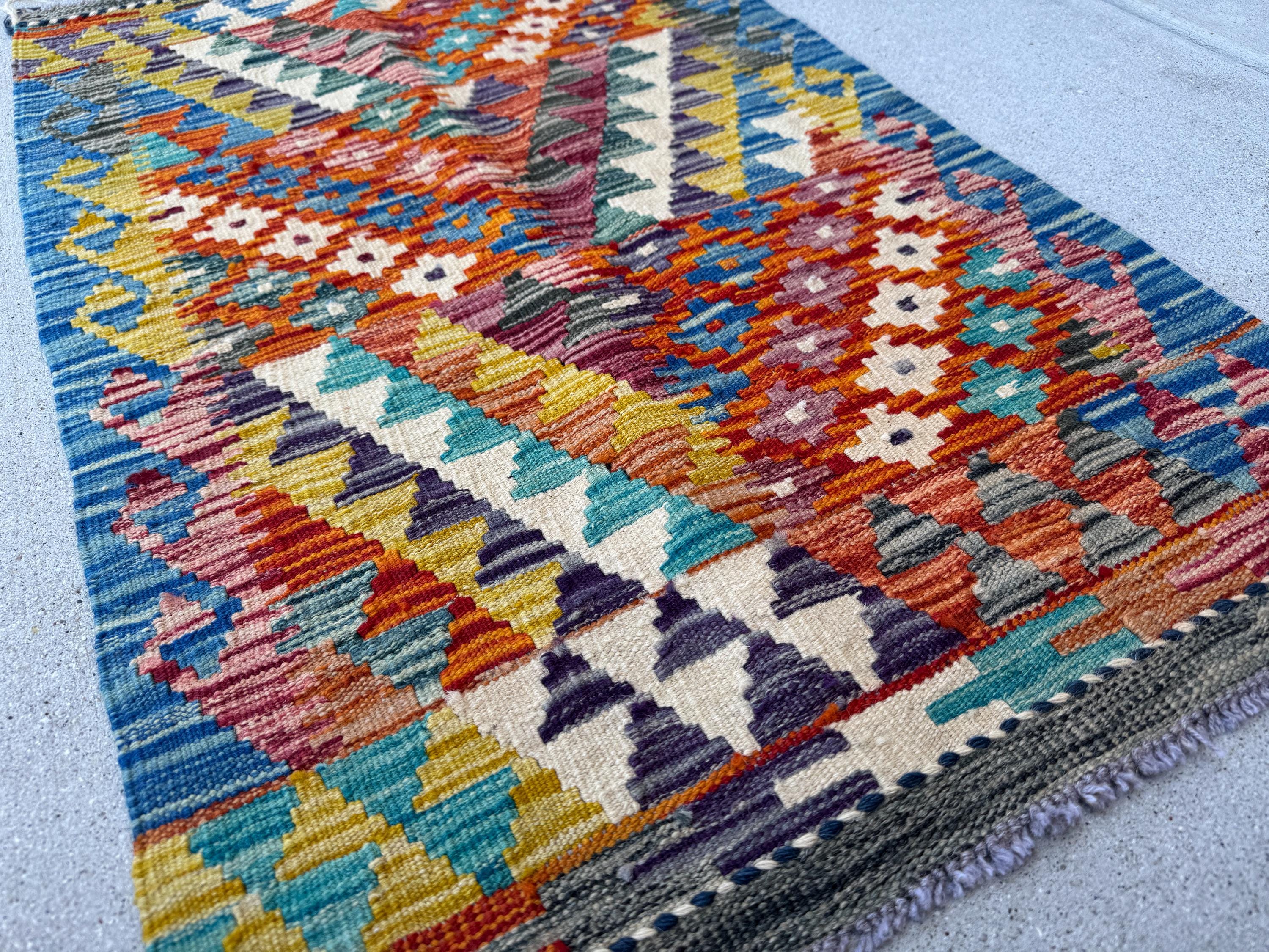 2x4 Handmade Afghan Kilim Rug | Burnt Orange Cream White Rust Red CHarcoal Grey Denim Blue Maroon Mustard Yellow Teal Aqua | Wool Flatwoven