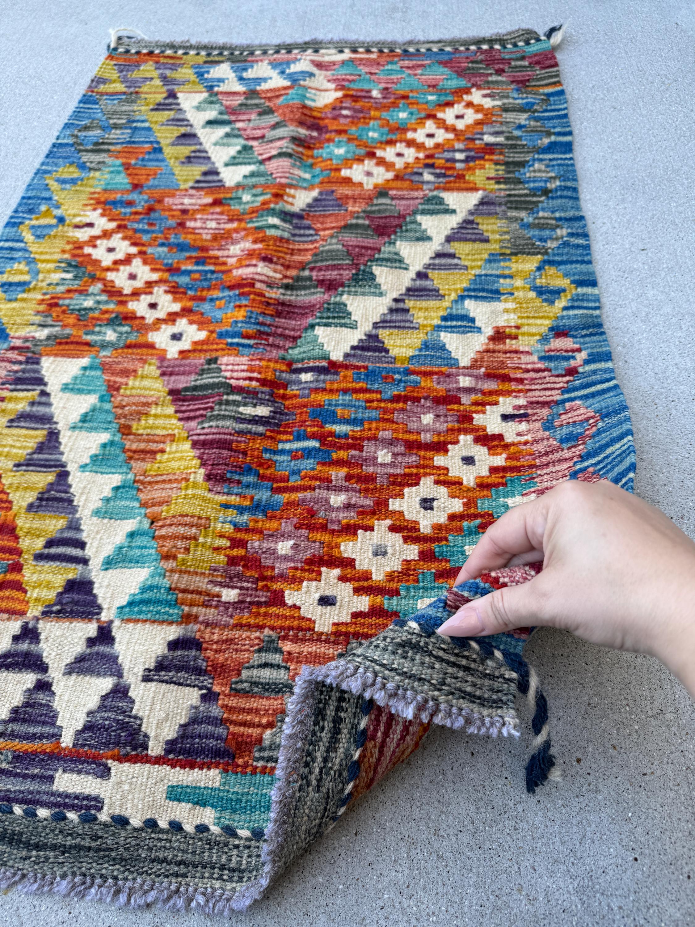 2x4 Handmade Afghan Kilim Rug | Burnt Orange Cream White Rust Red CHarcoal Grey Denim Blue Maroon Mustard Yellow Teal Aqua | Wool Flatwoven