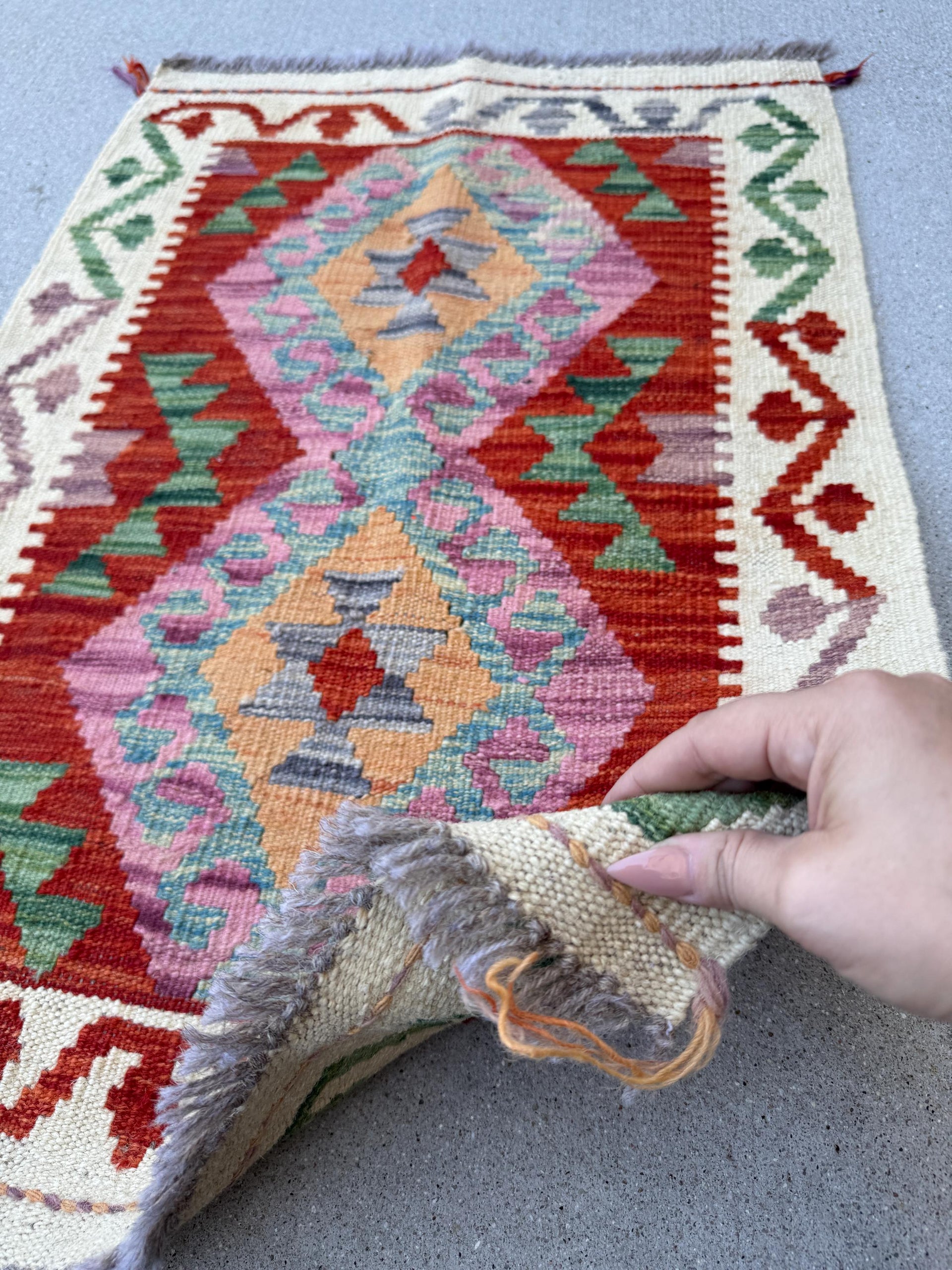 2x3 Handmade Afghan Kilim Rug | Blood Red Cream Beige Teal Forest Green Chocolate Brown Orange Yellow Grey | Wool Flatwoven