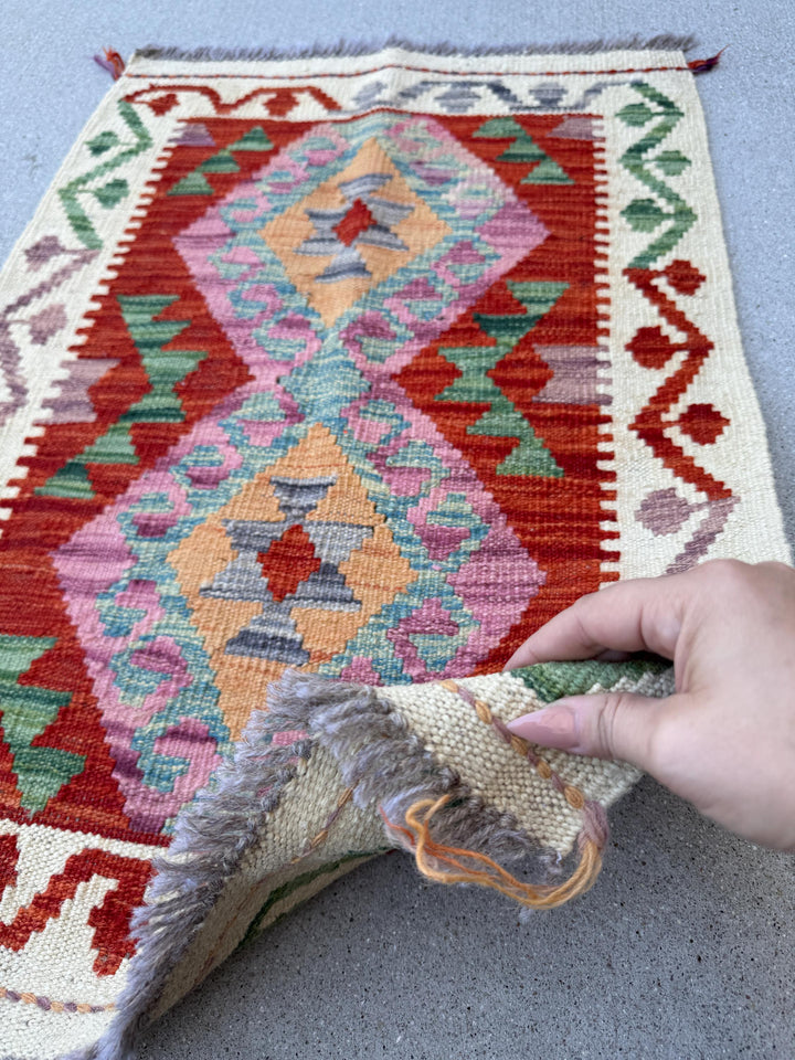 2x3 Handmade Afghan Kilim Rug | Blood Red Cream Beige Teal Forest Green Chocolate Brown Orange Yellow Grey | Wool Flatwoven