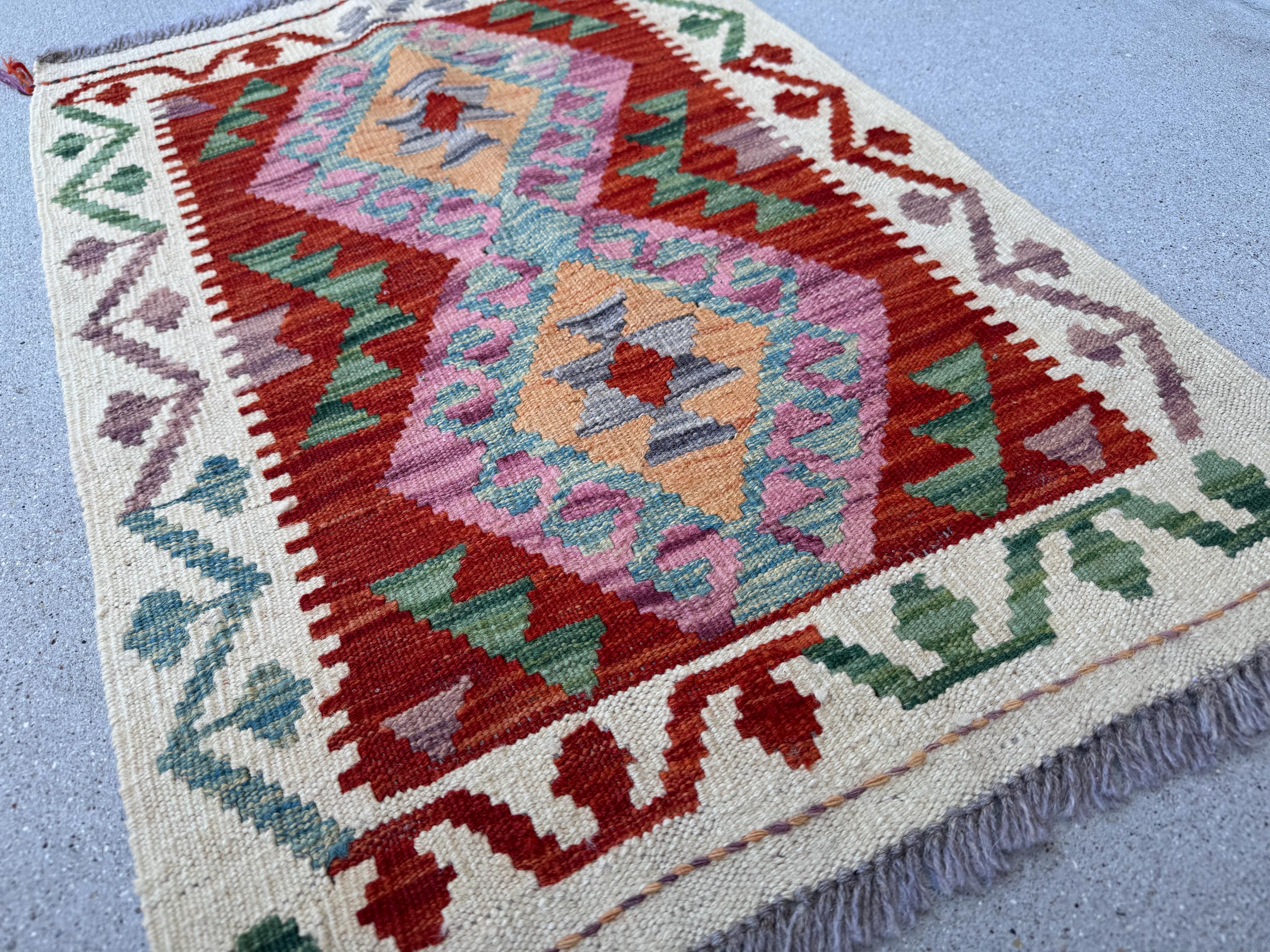 2x3 Handmade Afghan Kilim Rug | Blood Red Cream Beige Teal Forest Green Chocolate Brown Orange Yellow Grey | Wool Flatwoven