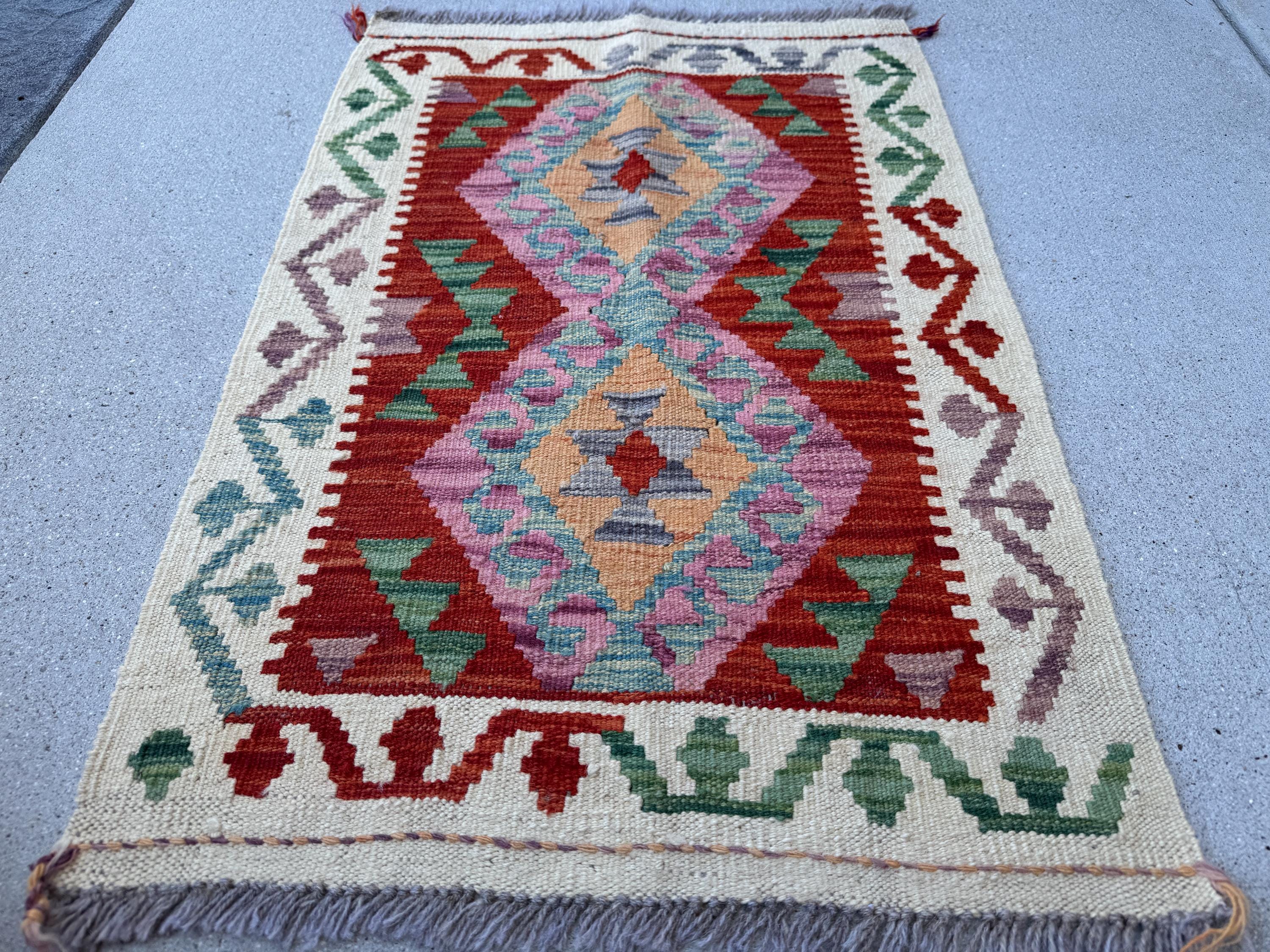 2x3 Handmade Afghan Kilim Rug | Blood Red Cream Beige Teal Forest Green Chocolate Brown Orange Yellow Grey | Wool Flatwoven