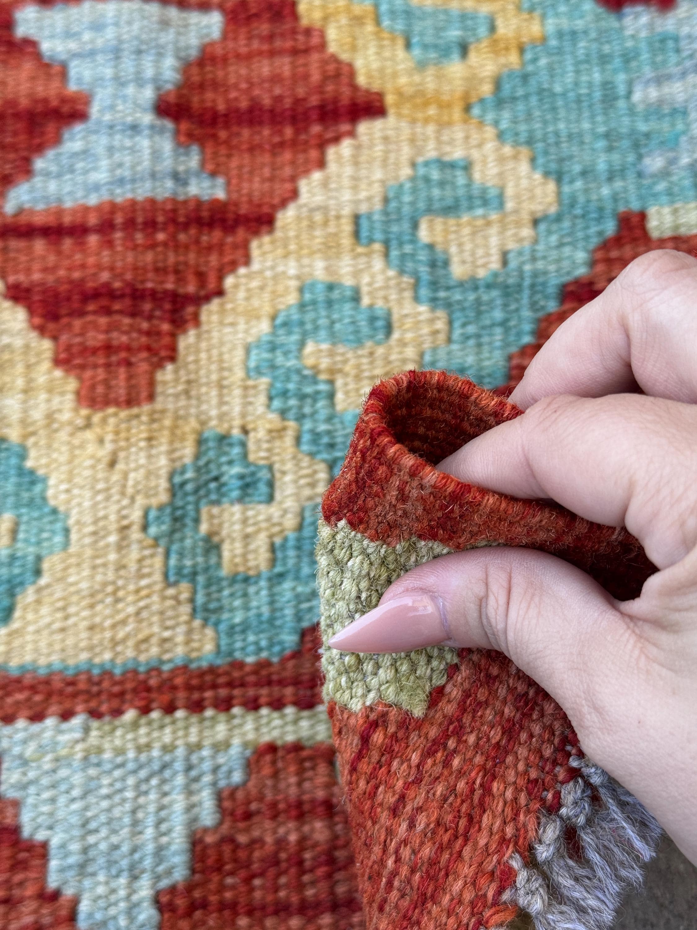 2x3 Handmade Afghan Kilim Rug | Blood Red Mustard Yellow Aqua Teal Mint Green Sky Blue | Wool Flatwoven