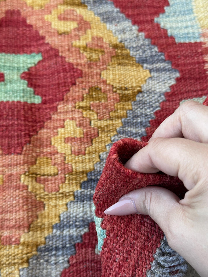 2x3 Handmade Afghan Kilim Rug | Blood Red Mustard Yellow Gold Aqua Teal Mint Green Grey Rust Orange | Wool Flatwoven