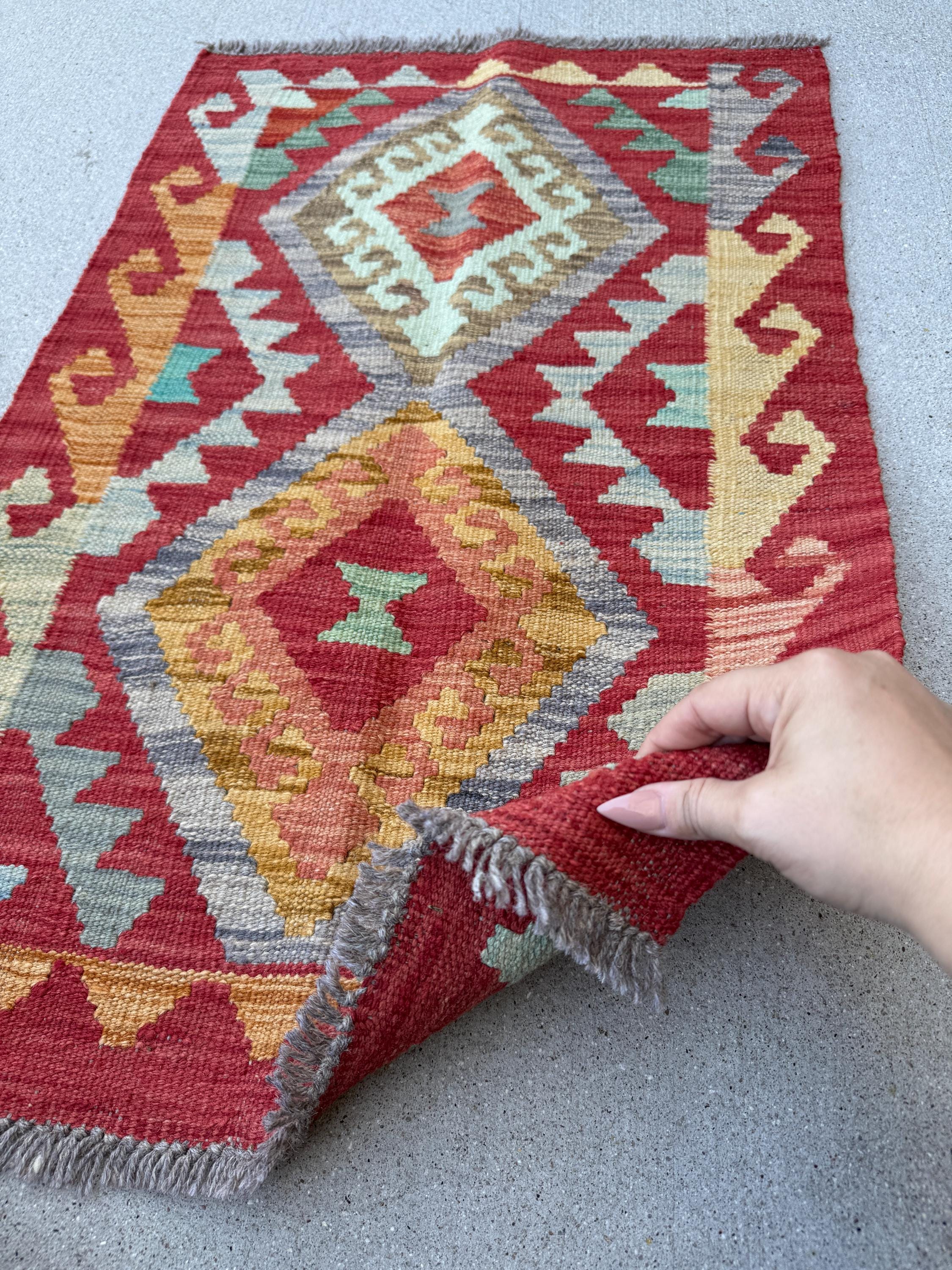 2x3 Handmade Afghan Kilim Rug | Blood Red Mustard Yellow Gold Aqua Teal Mint Green Grey Rust Orange | Wool Flatwoven