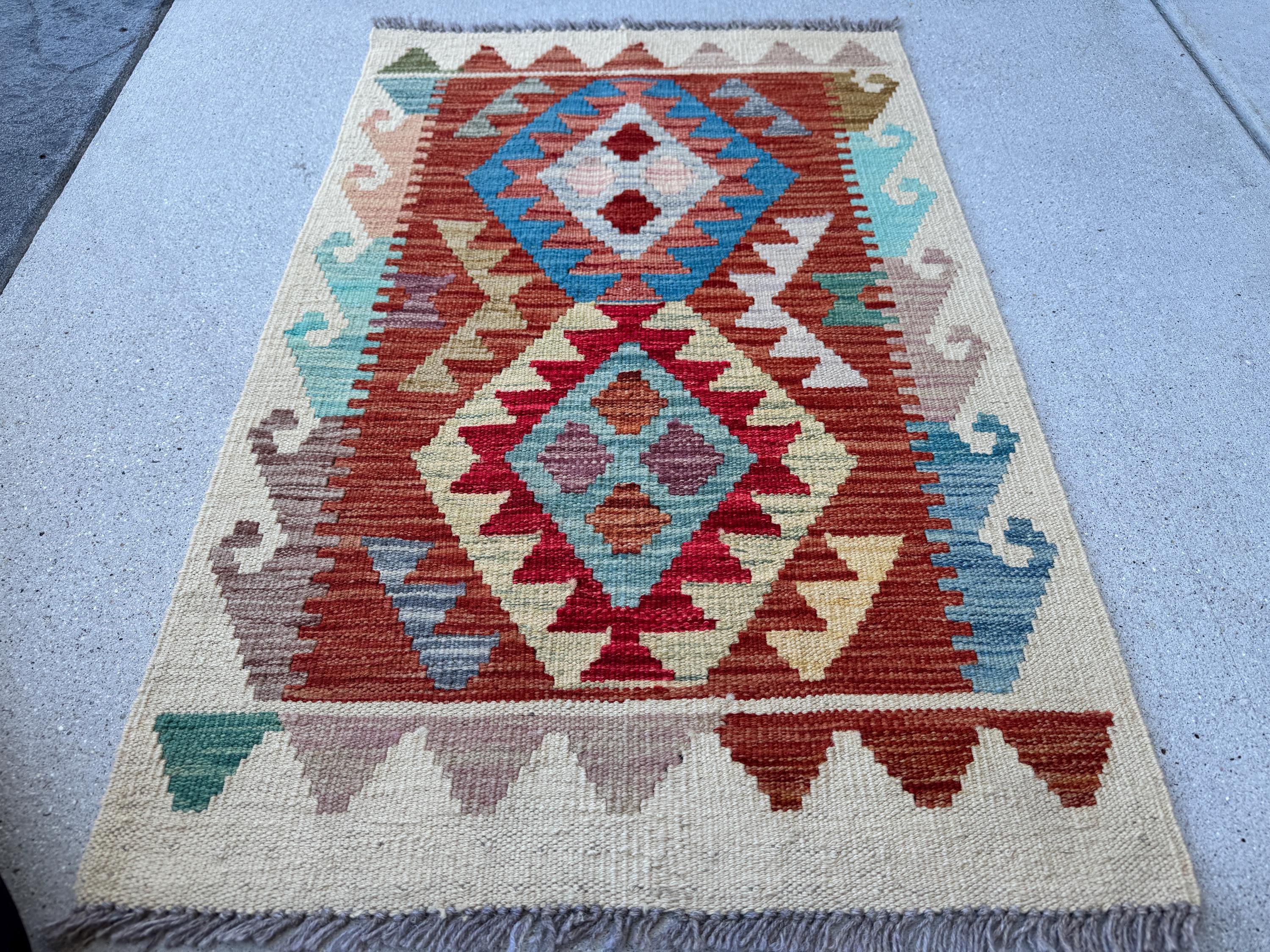 2x3 Handmade Afghan Kilim Rug | Cream Beige Rust Red Teal Chocolate Brown Tan Mocha Charcoal Grey Mustard Yellow Peach Mint Sky Blue | Wool
