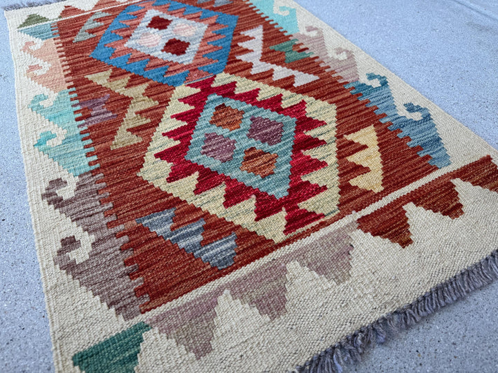 2x3 Handmade Afghan Kilim Rug | Cream Beige Rust Red Teal Chocolate Brown Tan Mocha Charcoal Grey Mustard Yellow Peach Mint Sky Blue | Wool