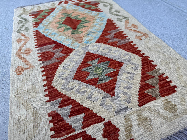 2x4 Handmade Afghan Kilim Rug | Cream Beige Charcoal Light Grey Tan Blood Red Sky Blue Peach Pine Olive Green Chocolate Brown | Flatwoven
