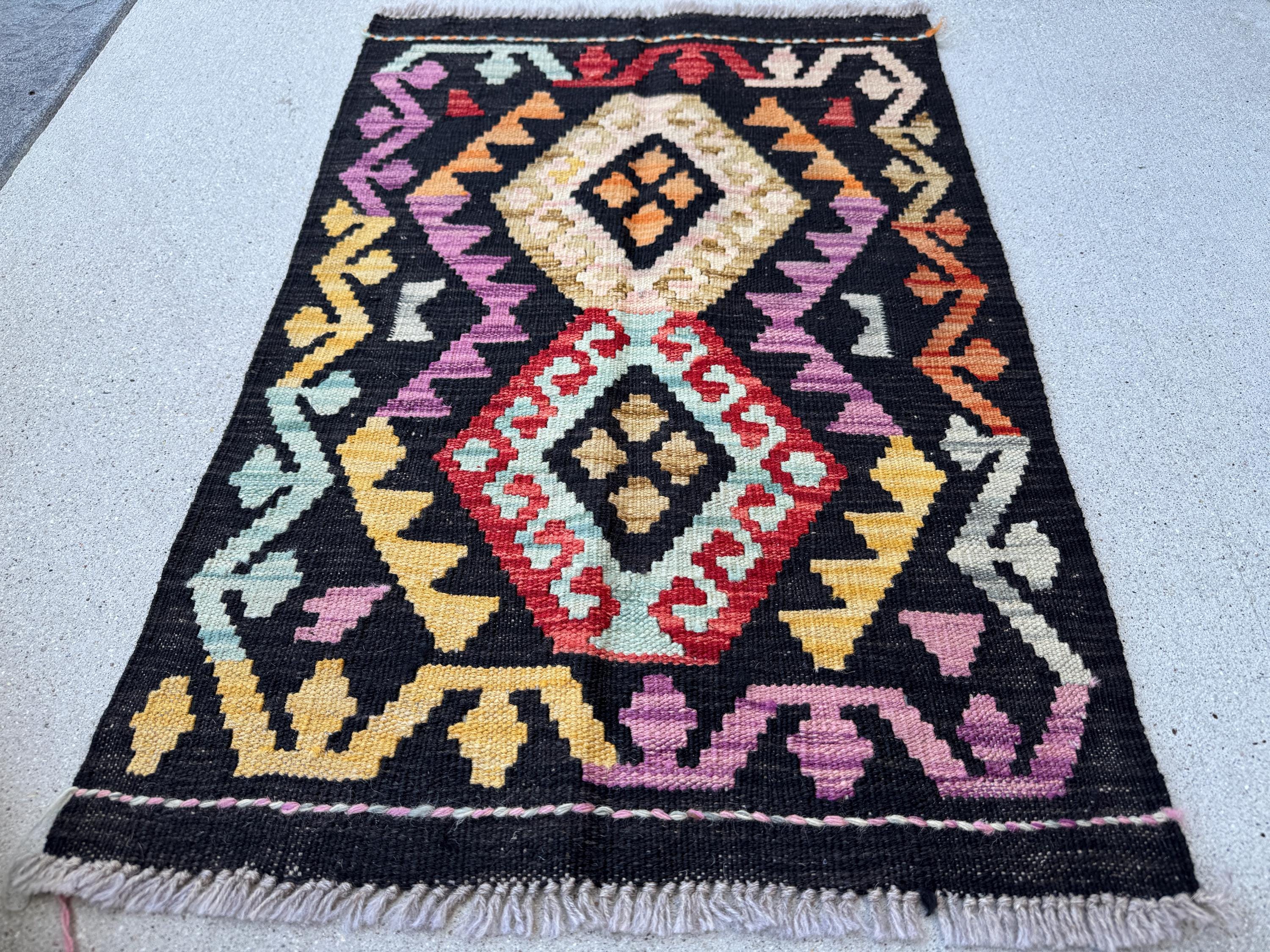 2x3 Handmade Afghan Kilim Rug | Black Purple Rust Red Orange Mustard Yellow Teal Mocha Gold Sky Blue | Wool Flatwoven