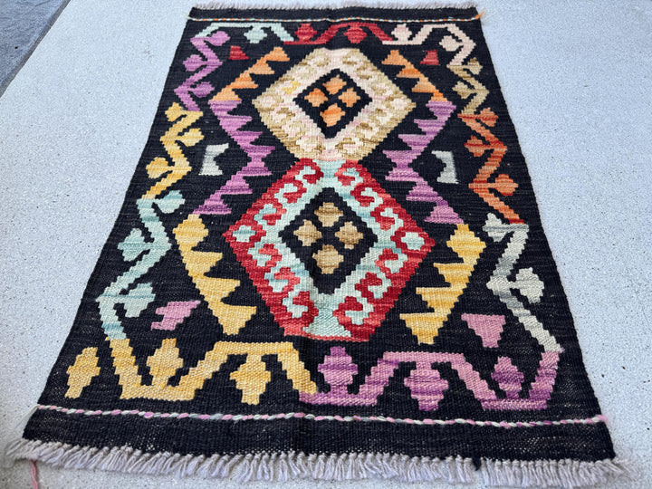2x3 Handmade Afghan Kilim Rug | Black Purple Rust Red Orange Mustard Yellow Teal Mocha Gold Sky Blue | Wool Flatwoven