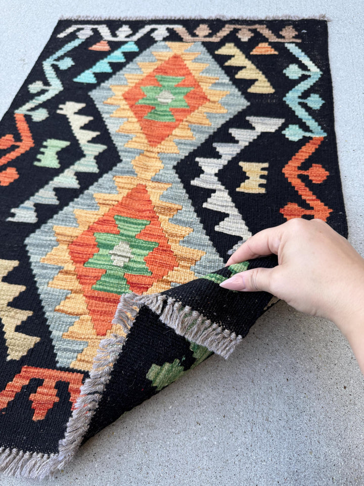 2x3 Handmade Afghan Kilim Rug | Black Burnt Orange Mustard Yellow Teal Gold Sky Blue Pine Green | Wool Flatwoven