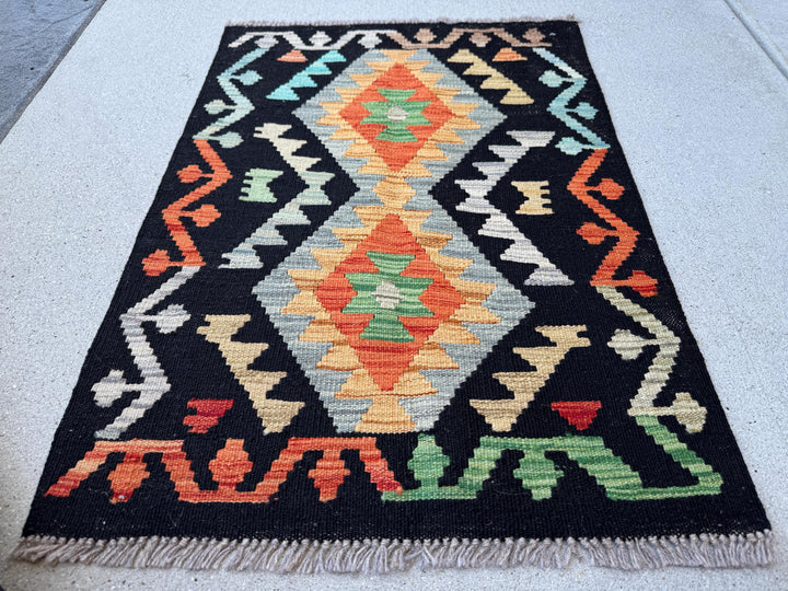 2x3 Handmade Afghan Kilim Rug | Black Burnt Orange Mustard Yellow Teal Gold Sky Blue Pine Green | Wool Flatwoven