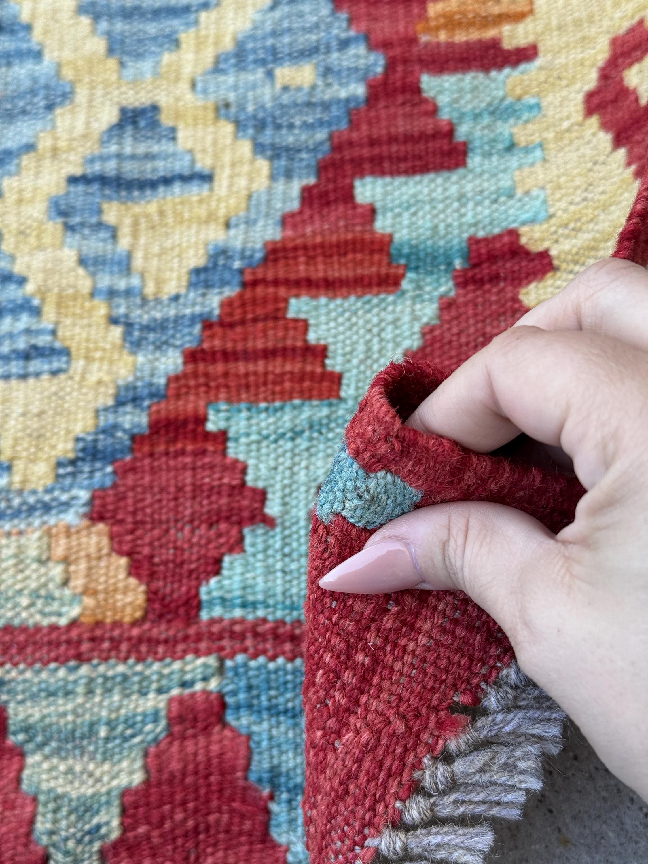 2x3 Handmade Afghan Kilim Rug | Blood Red Mustard Yellow Aqua Teal Mint Olive Moss Green Orange Gold | Wool Flatwoven
