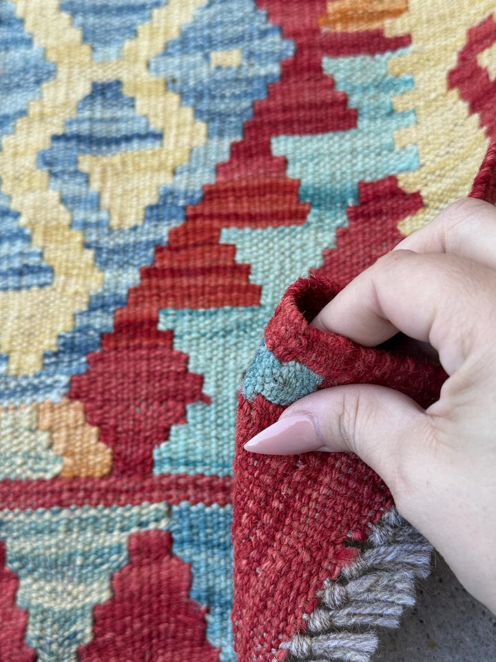2x3 Handmade Afghan Kilim Rug | Blood Red Mustard Yellow Aqua Teal Mint Olive Moss Green Orange Gold | Wool Flatwoven