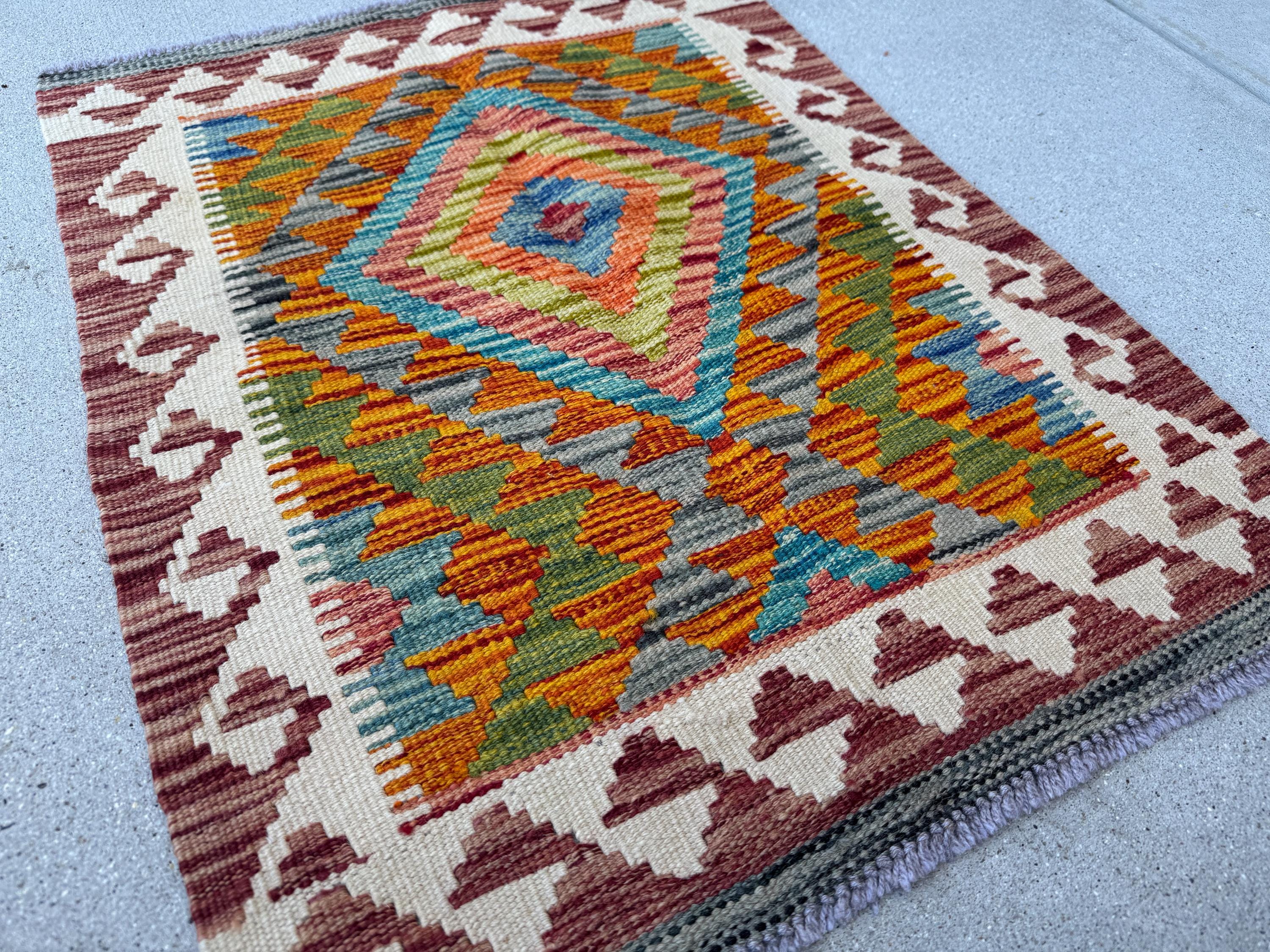 2x3 Handmade Afghan Kilim Rug | Burnt Orange Charcoal Grey Olive Moss Green Denim Blue Cream White Chocolate Brown Teal | Wool Flatwoven