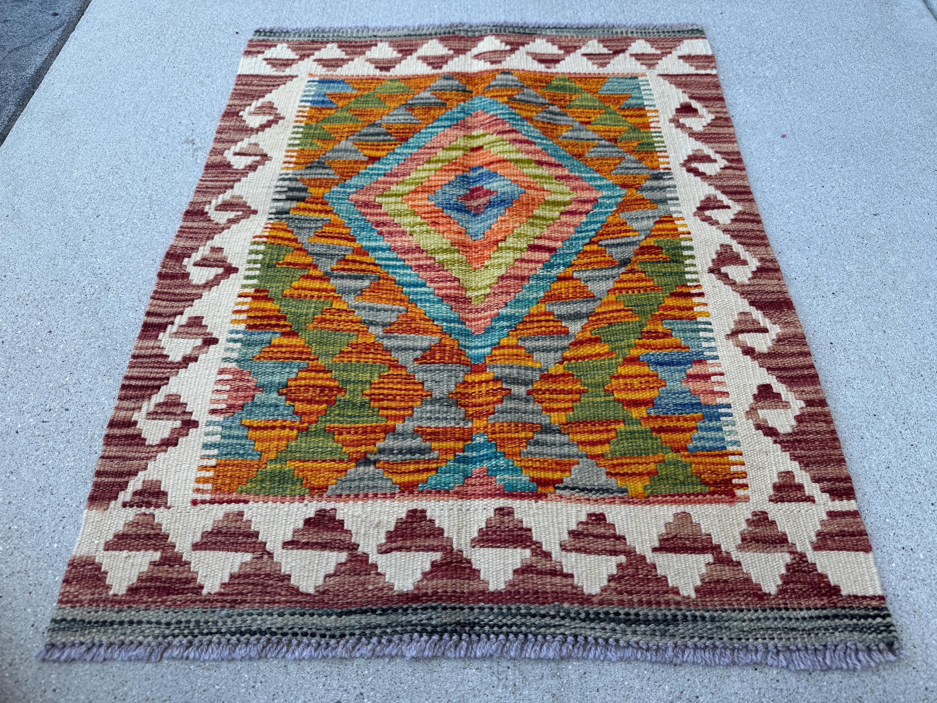 2x3 Handmade Afghan Kilim Rug | Burnt Orange Charcoal Grey Olive Moss Green Denim Blue Cream White Chocolate Brown Teal | Wool Flatwoven