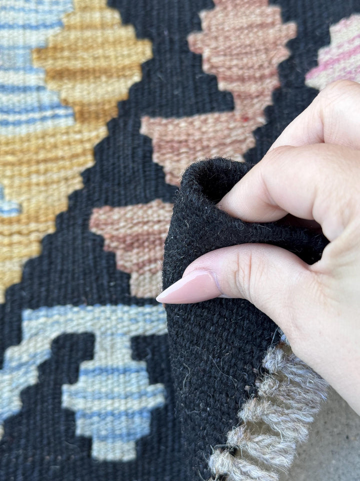 2x3 Handmade Afghan Kilim Rug | Black Chocolate Golden Brown Tan Denim Sky Aqua Blue Burnt Orange Pink | Wool Flatwoven